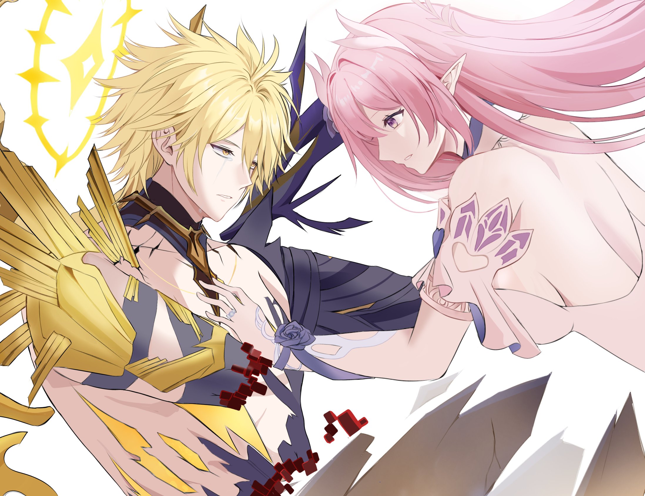cyrene (honkai: star rail), phainon (honkai: star rail), phainon (khaslana) (honkai: star rail), honkai: star rail, honkai (series), hashtag-only commentary, highres, 1boy, 1girl, blonde hair, breasts, cracked skin, dress, elf, hair ornament, halo, large breasts, long hair, looking at another, pink hair, pointy ears, purple eyes, reaching, reaching towards another, sharang o3o, sideboob, simple background, very long hair, white background, white dress, yellow eyes