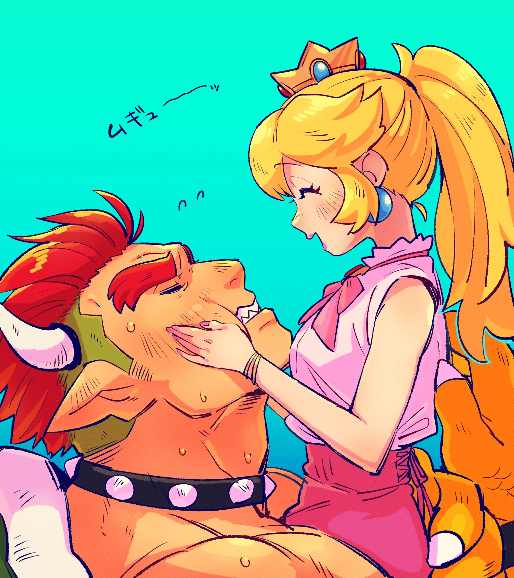 yowasabimechaoc, bowser, princess peach, mario (series), nintendo, highres, translated, 1boy, 1girl, ^ ^, aqua background, black collar, blonde hair, bow, bowtie, carrying, carrying person, claws, clenched teeth, closed eyes, collar, crown, earrings, flying sweatdrops, gold crown, green hair, horns, humanization, jewelry, light blush, long hair, multicolored hair, muscular, muscular male, pink bow, pink bowtie, pink shirt, pink skirt, pointy ears, ponytail, puffy cheeks, red hair, shell, shirt, short hair, sidelocks, size difference, skirt, sphere earrings, spiked collar, spikes, sweat, teeth, two-tone hair