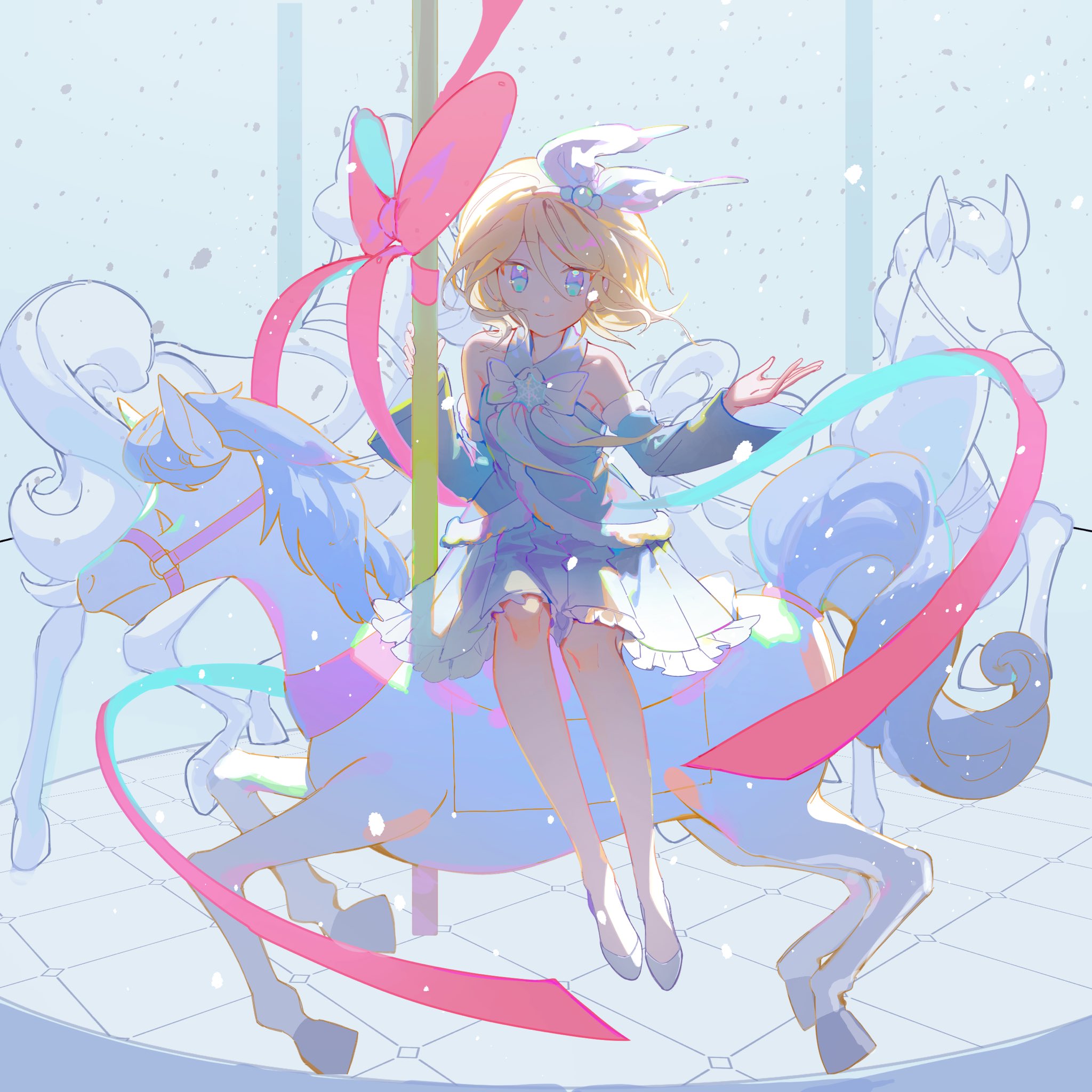 flat fish990, kagamine rin, vocaloid, highres, 1girl, bare shoulders, blonde hair, blue eyes, bow, bowtie, carousel, detached sleeves, frilled skirt, frills, full body, hair bow, hair ornament, horse, looking at viewer, ribbon, riding, shirt, short hair, sitting, skirt, solo, white bow, white bowtie