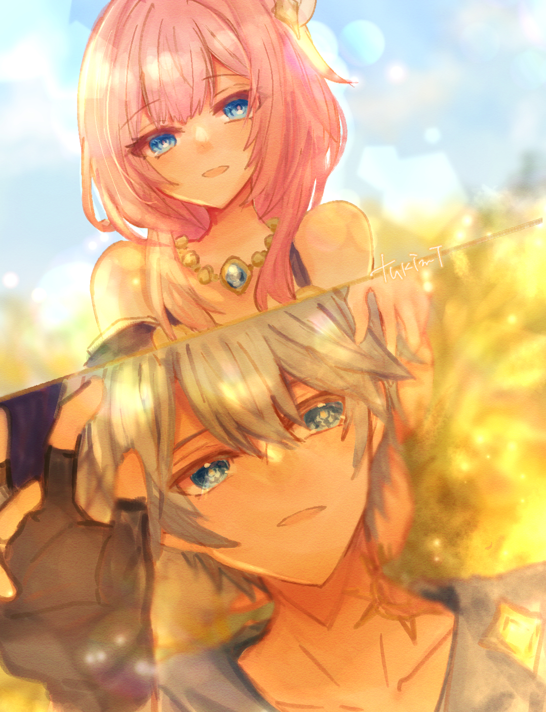 tuki100day, cyrene (honkai: star rail), phainon (a dream scented in wheat) (honkai: star rail), phainon (honkai: star rail), honkai: star rail, honkai (series), highres, 1boy, 1girl, bare shoulders, black gloves, blue eyes, blue sky, coat, fingerless gloves, gloves, gold tattoo, hair ornament, jewelry, lap pillow, looking at another, multicolored hair, neck tattoo, necklace, open mouth, outdoors, pink hair, purple coat, short hair, sky, tattoo, two-tone hair, white hair