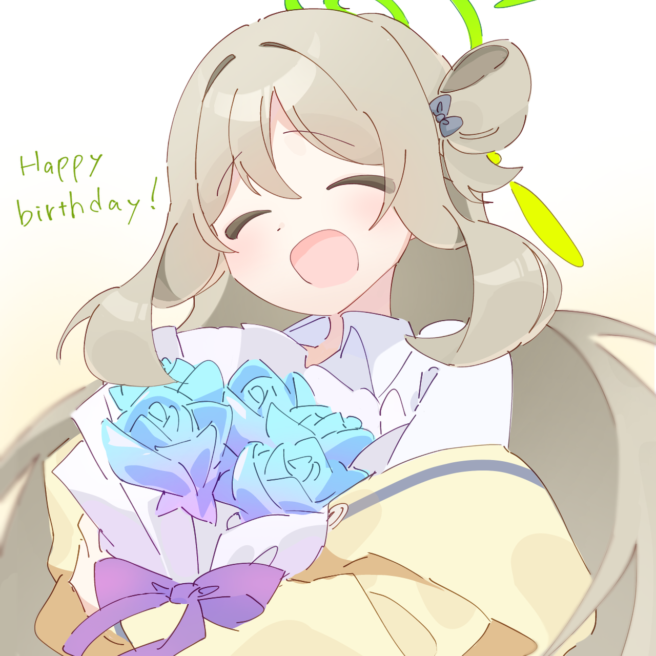 nonomi (blue archive), blue archive, commentary request, highres, 1girl, :d, ^ ^, black ribbon, blonde hair, bouquet, cardigan, cardigan partially removed, closed eyes, crystal flower, dress shirt, english text, flower, green eyes, green halo, hair bun, hair ribbon, halo, happy birthday, hugging object, long hair, open mouth, poyomochi (py), purple ribbon, ribbon, shirt, single side bun, smile, solo, white background, white shirt, yellow cardigan