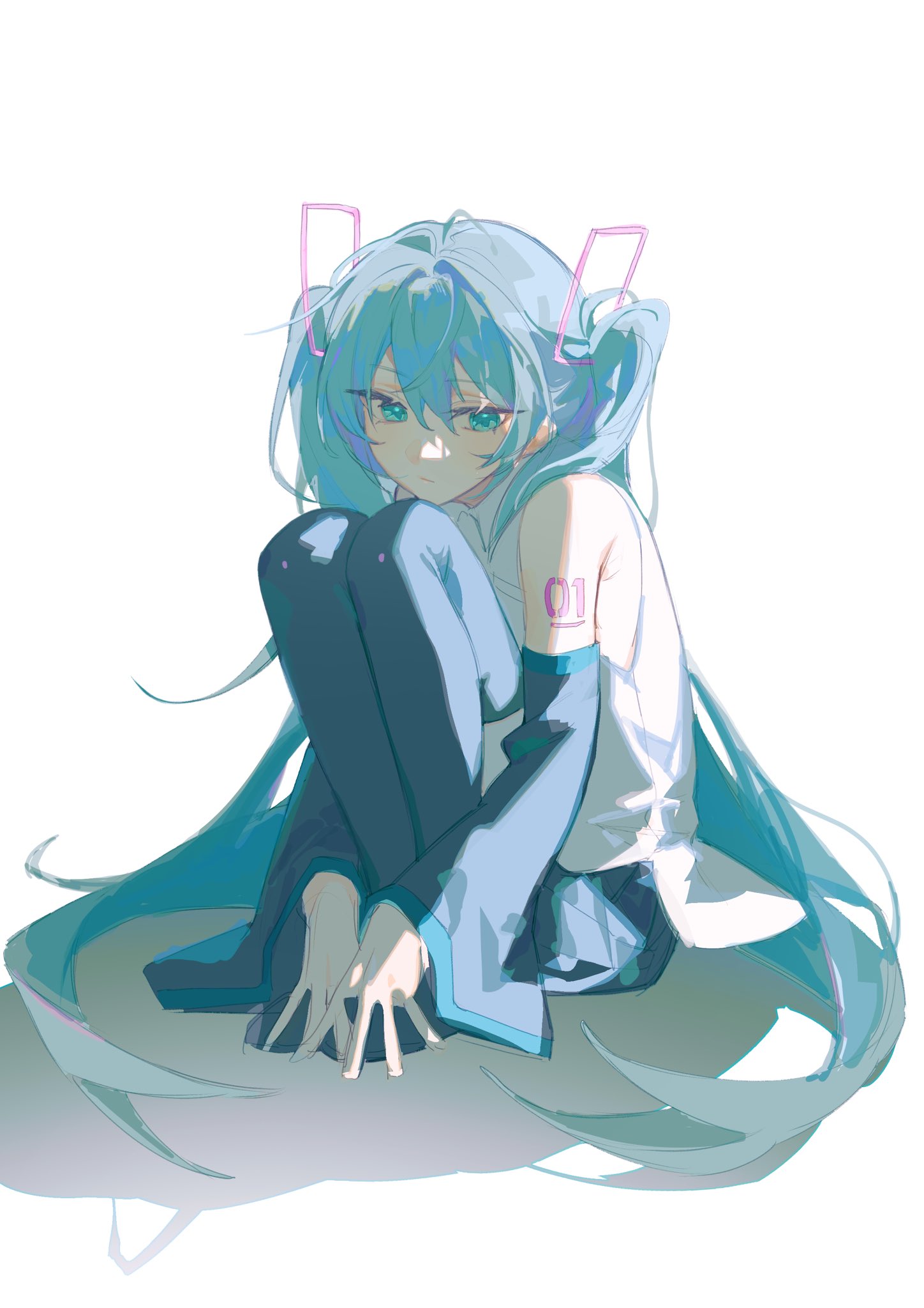 flat fish990, hatsune miku, vocaloid, highres, 1girl, aqua eyes, aqua hair, black sleeves, closed mouth, detached sleeves, hair between eyes, knees up, long hair, number tattoo, pleated skirt, shadow, shirt, simple background, sitting, skirt, sleeveless, sleeveless shirt, solo, tattoo, thighhighs, twintails, very long hair, white background, white shirt