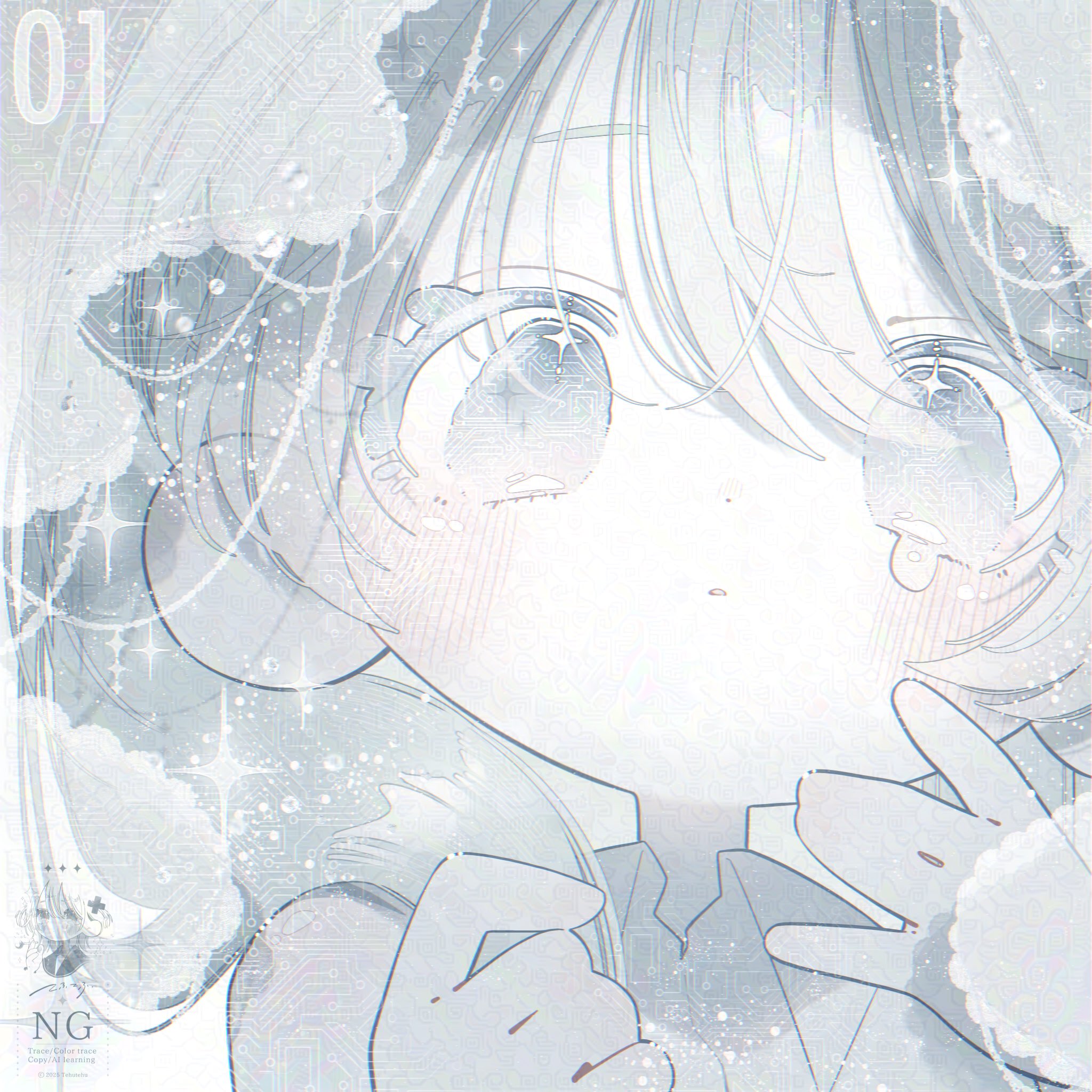 thk 41, hatsune miku, vocaloid, commentary, english commentary, highres, 1girl, bare shoulders, collared shirt, dot nose, expressionless, eyelashes, hand on own cheek, hand on own face, holding, holding own hair, light blush, light particles, long hair, looking at viewer, monochrome, parted lips, shirt, sleeveless, sleeveless shirt, solo, sparkle, tareme, tearing up, twintails, upper body, veil, watermark, white background, white theme