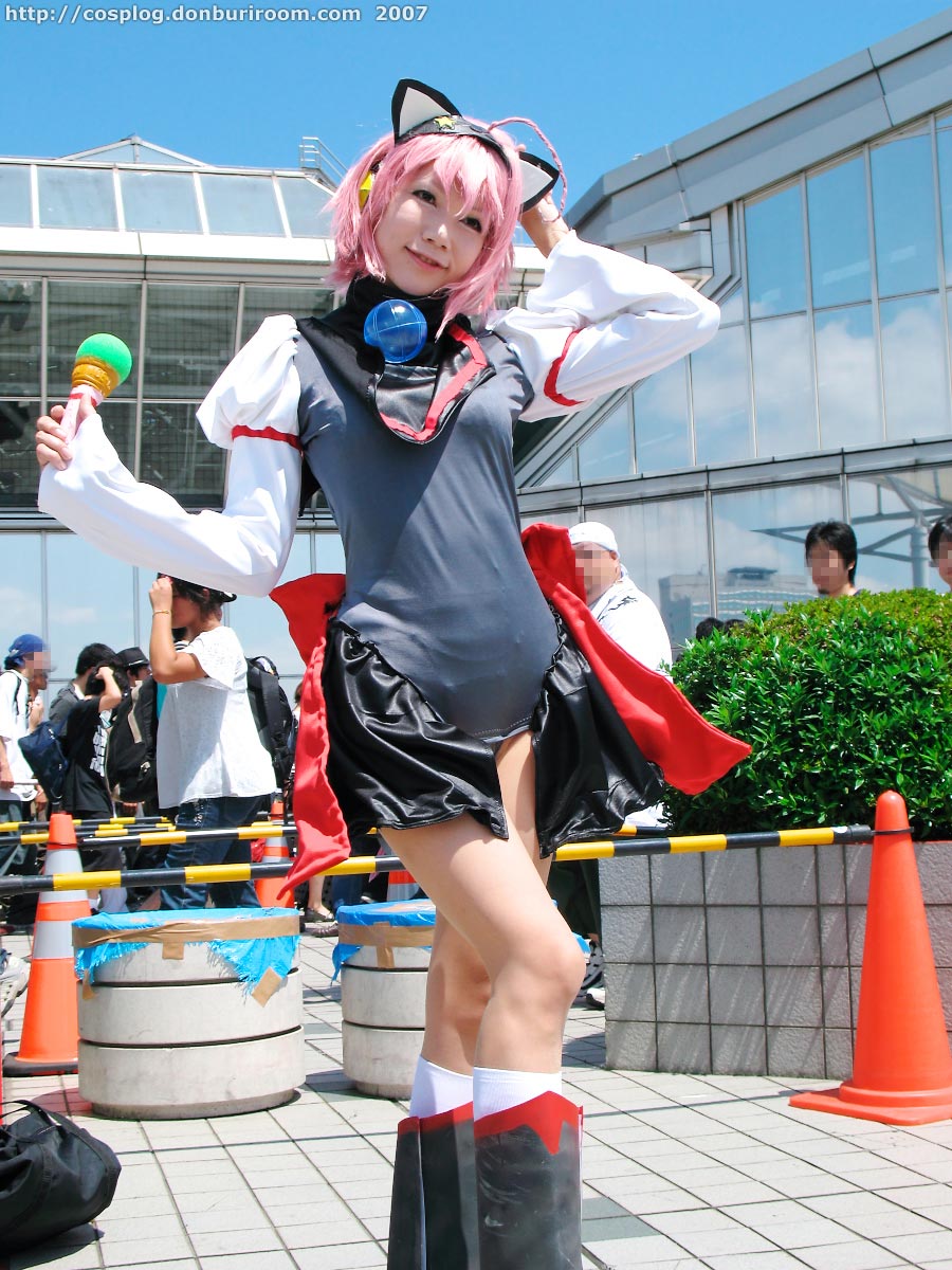 nanami akua, tempera sumi, moetan, highres, photo (medium), ahoge, animal ears, asian, boots, cat ears, cosplay, kneehighs, microphone, pink hair, socks