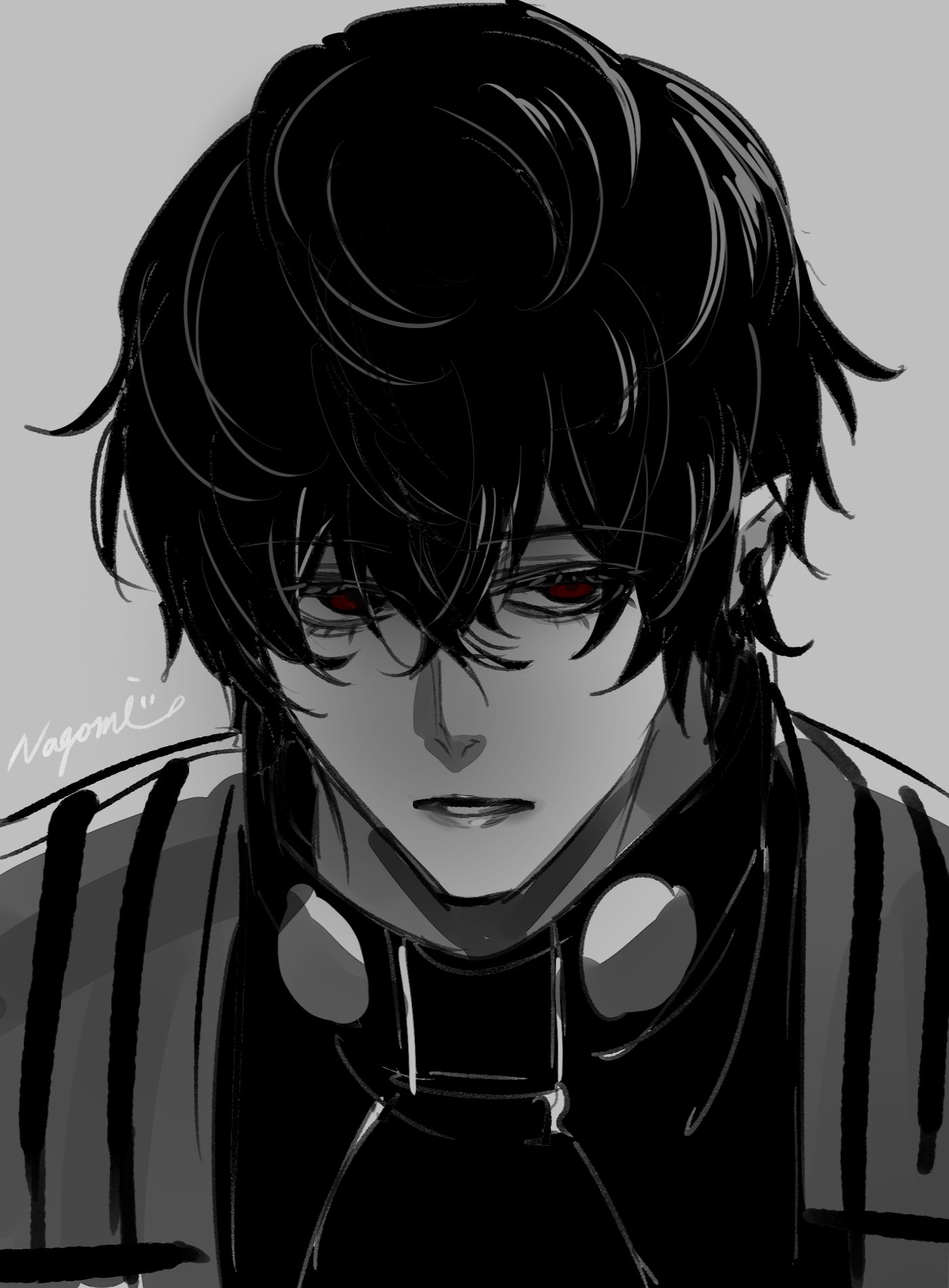 hishui prpr, beelzebub (shuumatsu no valkyrie), shuumatsu no valkyrie, highres, 1boy, black hair, hair over one eye, looking at viewer, looking to the side, male focus, one eye covered, pointy ears, priest, red eyes, sad smile, short hair, solo, upper body