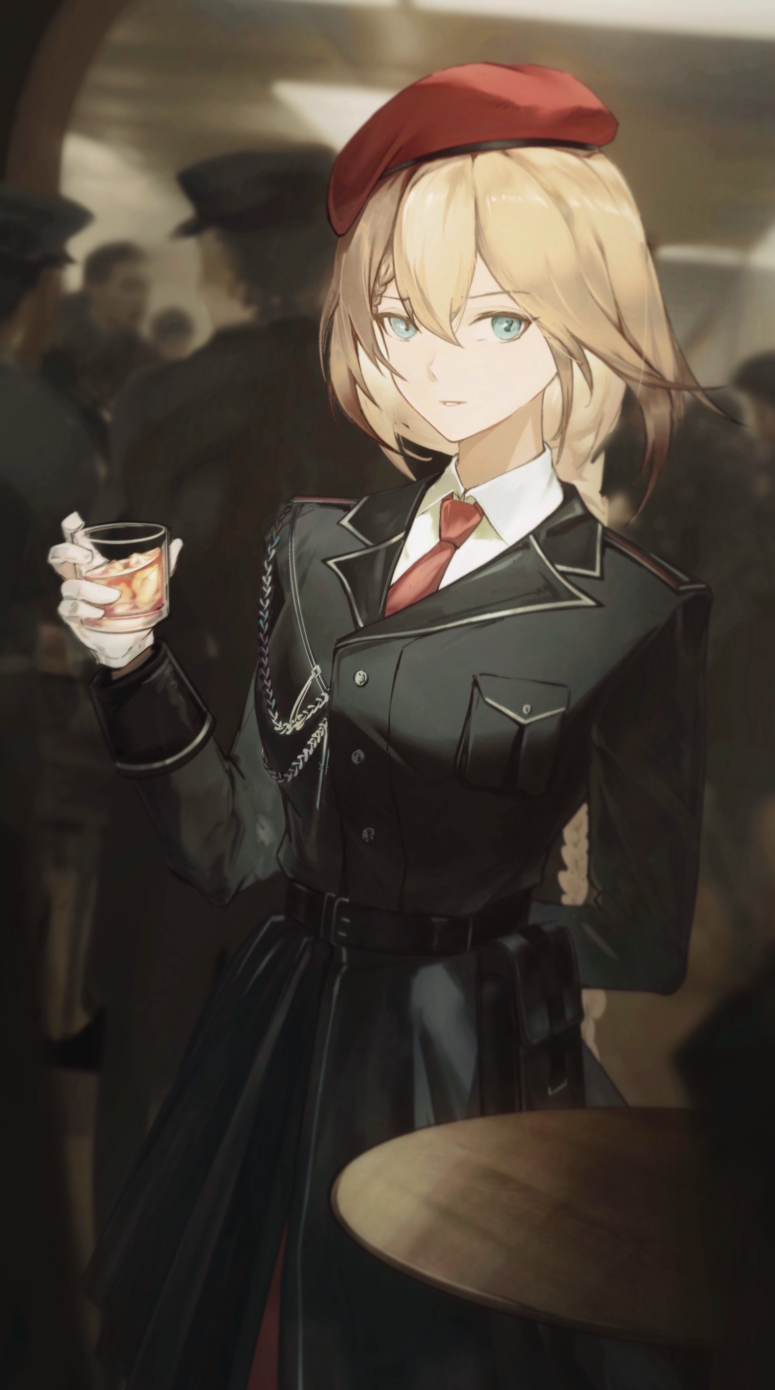 shenme niao mingzi, centaureissi (neural cloud), g36 (girls' frontline), girls' frontline, girls' frontline neural cloud, absurdres, highres, 1girl, arm behind back, belt, beret, black belt, black coat, blonde hair, blue eyes, braid, braided ponytail, breasts, coat, collared shirt, cup, gloves, hair between eyes, hand up, hat, holding, holding cup, indoors, light smile, long hair, looking at viewer, medium breasts, multiple others, necktie, red necktie, shirt, solo focus, standing, very long hair, white gloves, white shirt