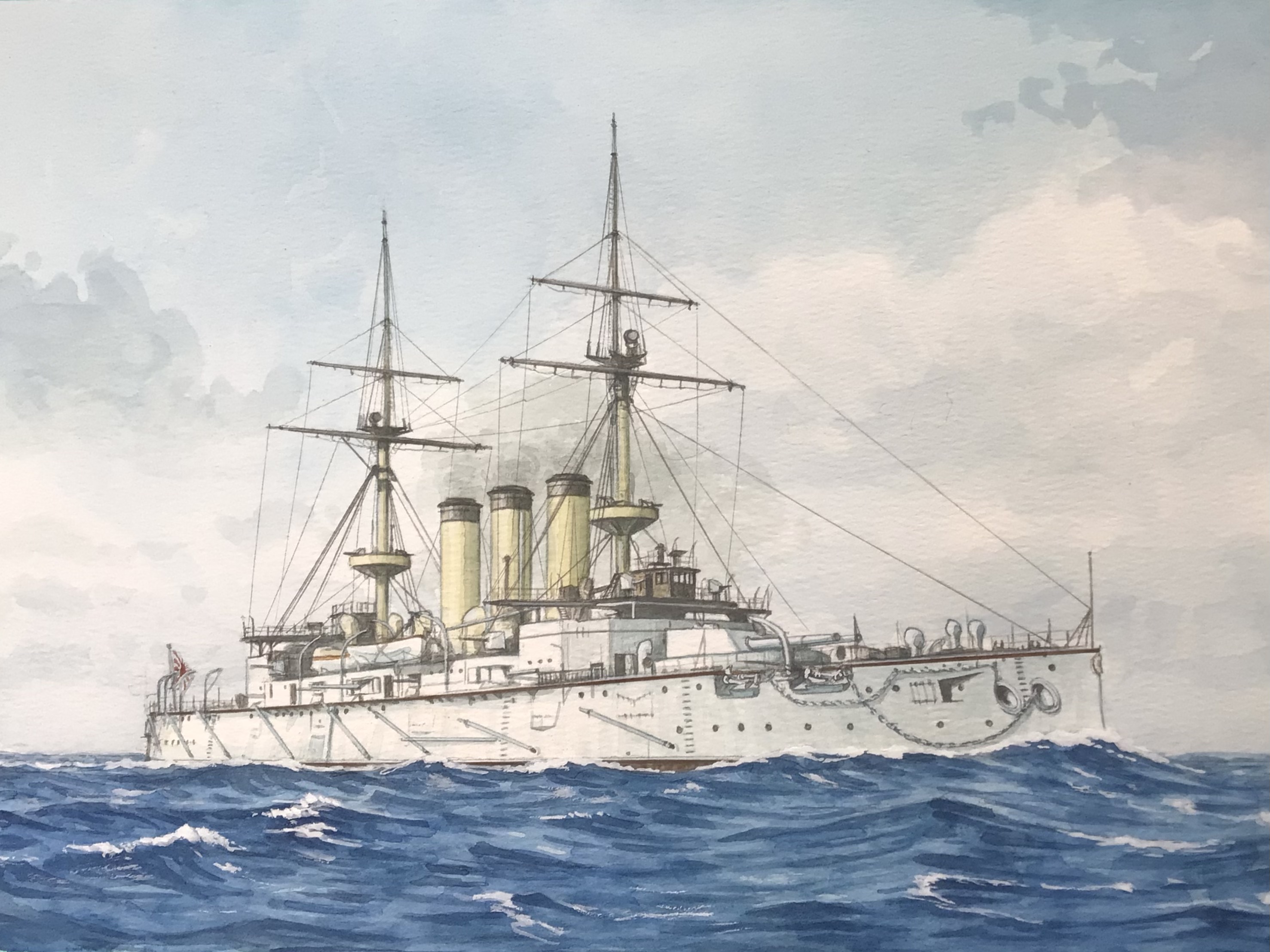 atelier bono, original, commentary request, highres, painting (medium), traditional media, watercolor (medium), battleship, blue sky, cannon, casemate, cloud, flag, hatsuse (battleship), imperial japanese navy, mast, military, military vehicle, no humans, ocean, rising sun flag, ship, ship turret, sky, smoke, smokestack, sunburst, vehicle focus, warship, watercraft, waves