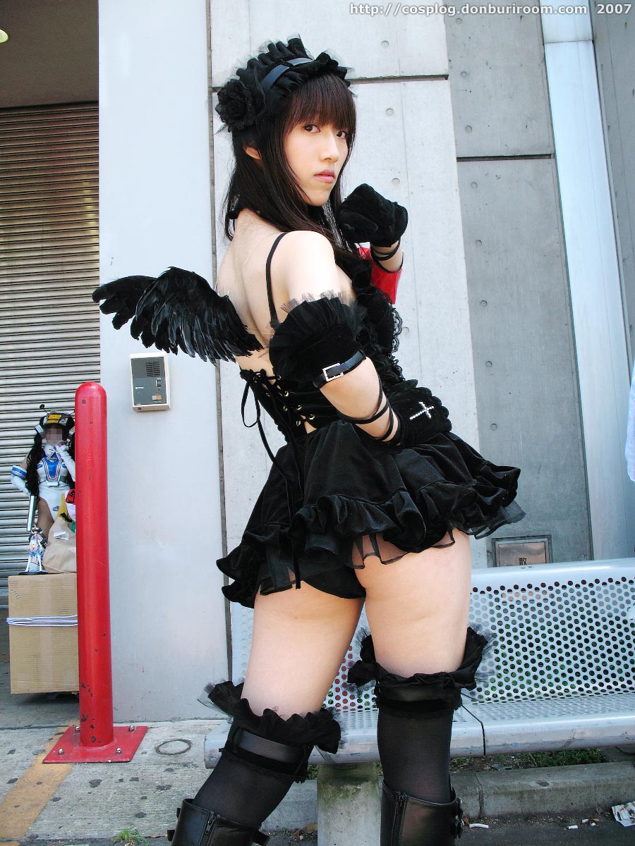 suzuyuki kaho, morte (vispo), vispo original, black footwear, black legwear, highres, photo (medium), tagme, 2007, 2girls, apron, arm laces, armband, asian, bare shoulders, bench, black dress, black gloves, black panties, boots, censored, censored identity, collar, cosplay, cross, dress, gloves, gothic lolita, hairband, japanese (nationality), lolita fashion, lolita hairband, looking at viewer, looking back, maid, maid apron, mosaic censoring, multiple girls, outdoors, panties, pantyshot, short dress, solo focus, standing, thighhighs, thighhighs under boots, underwear, watermark, web address, wings, zettai ryouiki