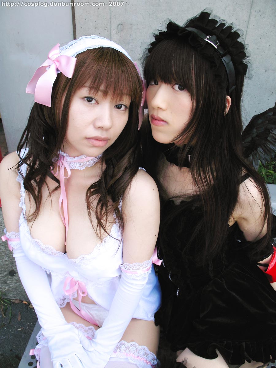 azumagawa aimi, suzuyuki kaho, diana (vispo), morte (vispo), vispo original, white legwear, highres, photo (medium), tagme, 2007, 2girls, apron, arm laces, armband, asian, bare shoulders, bench, black dress, black wings, breasts, chemise, collar, cosplay, dress, dyed hair, elbow gloves, gloves, gothic lolita, hairband, japanese (nationality), large breasts, lingerie, lolita fashion, lolita hairband, looking at viewer, maid, maid apron, multiple girls, outdoors, panties, short dress, sitting, thighhighs, underwear, watermark, web address, white gloves, white panties, wings