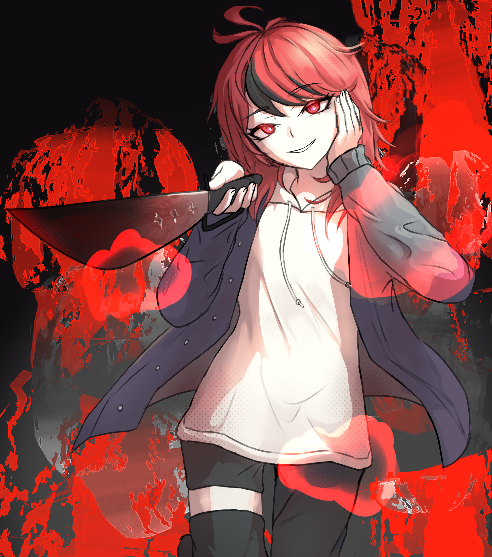 sumino takumi, the hundred line -last defense academy-, artist request, derivative work, highres, non-web source, screenshot redraw, source request, genderswap, genderswap (mtf), holding, holding knife, knife, possessed, red eyes, red hair, rivdevy, yandere