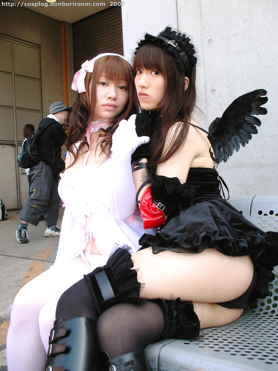 azumagawa aimi, suzuyuki kaho, diana (vispo), morte (vispo), vispo original, black footwear, black legwear, white legwear, highres, photo (medium), tagme, 1boy, 2007, 2girls, apron, arm laces, armband, asian, bare shoulders, bench, black dress, black panties, black wings, boots, breasts, censored, censored identity, chemise, collar, cosplay, dress, dyed hair, elbow gloves, gloves, gothic lolita, hairband, japanese (nationality), large breasts, lingerie, lolita fashion, lolita hairband, looking at viewer, maid, maid apron, mosaic censoring, multiple girls, outdoors, panties, pantyshot, short dress, sitting, thighhighs, thighhighs under boots, underwear, watermark, web address, white gloves, white panties, wings, zettai ryouiki