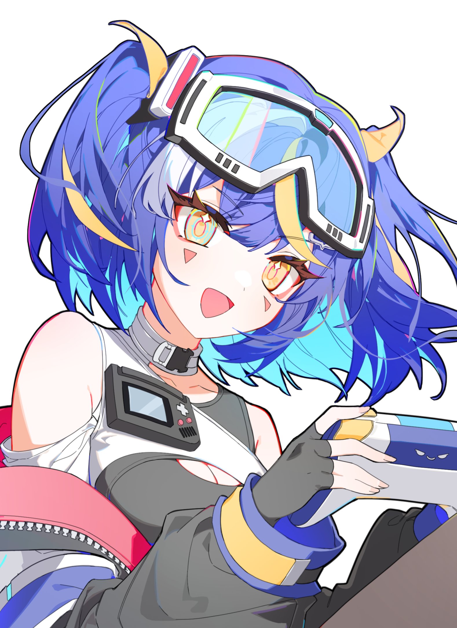 flat fish990, commission, highres, 1girl, black jacket, blonde hair, blue hair, breasts, cleavage, facial mark, fingerless gloves, gloves, goggles, goggles on head, handheld game console, holding, holding handheld game console, jacket, looking at viewer, multicolored hair, open mouth, protiishere uvu, simple background, smile, solo, upper body, virtual youtuber, white background, yellow eyes