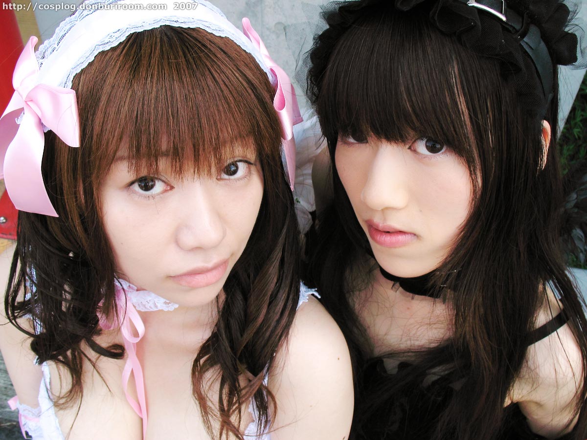 azumagawa aimi, suzuyuki kaho, diana (vispo), morte (vispo), vispo original, white legwear, photo (medium), tagme, 2007, 2girls, apron, arm laces, asian, bare shoulders, black dress, black wings, chemise, collar, cosplay, dress, dyed hair, gothic lolita, hairband, japanese (nationality), lingerie, lolita fashion, lolita hairband, looking at viewer, maid, maid apron, multiple girls, outdoors, panties, underwear, watermark, web address, wings