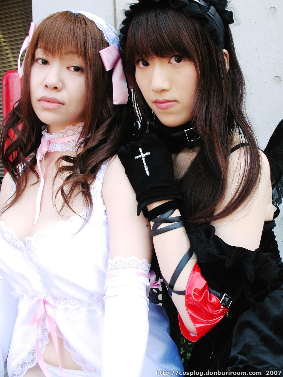 azumagawa aimi, suzuyuki kaho, diana (vispo), morte (vispo), vispo original, highres, photo (medium), tagme, 2007, 2girls, arm laces, armband, asian, bare shoulders, black dress, black wings, chemise, collar, cosplay, dress, dyed hair, elbow gloves, gloves, gothic lolita, hairband, japanese (nationality), lingerie, lolita fashion, lolita hairband, looking at viewer, maid, multiple girls, outdoors, panties, sitting, underwear, watermark, web address, white gloves, white panties, wings