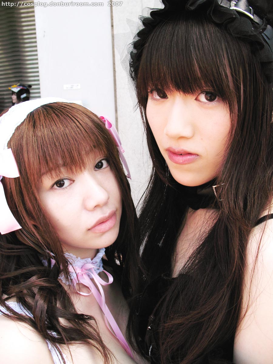 azumagawa aimi, suzuyuki kaho, diana (vispo), morte (vispo), vispo original, highres, photo (medium), tagme, 2007, apron, arm laces, asian, bare shoulders, brown hair, chemise, collar, cosplay, dyed hair, gloves, japanese (nationality), lingerie, maid, maid apron, outdoors, underwear, watermark, web address