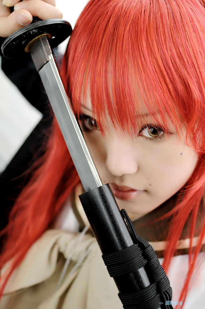 kipi-san, shana, real life, shakugan no shana, cosplay photo, photo (medium), 1girl, asian, breasts, coat, color contacts, cosplay, female focus, katana, long hair, looking at viewer, mole, overcoat, red hair, school uniform, serafuku, shana (cosplay), small breasts, solo, sword, weapon