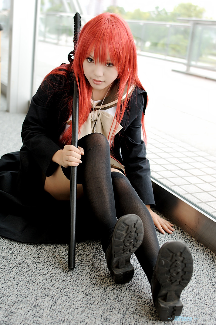 kipi-san, shana, real life, shakugan no shana, cosplay photo, photo (medium), 1girl, asian, breasts, coat, cosplay, female focus, katana, long hair, looking at viewer, mole, overcoat, red hair, school uniform, serafuku, shana (cosplay), small breasts, solo, sword, thighhighs, weapon, zettai ryouiki