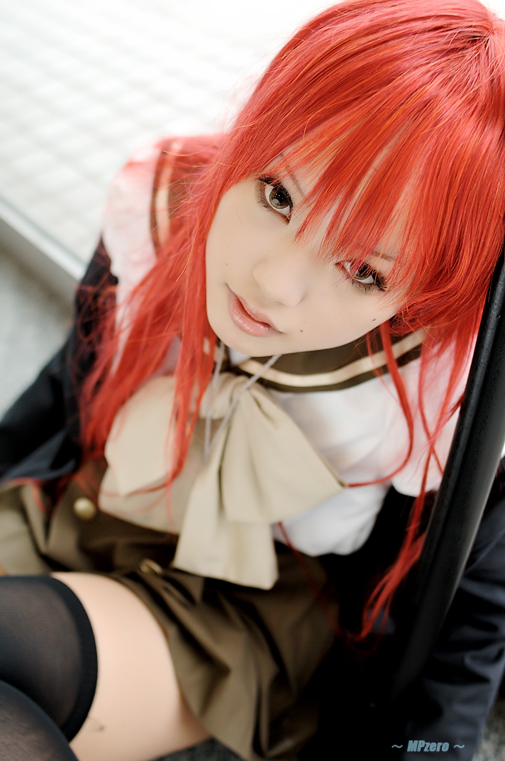 kipi-san, shana, real life, shakugan no shana, cosplay photo, photo (medium), 1girl, asian, breasts, coat, color contacts, cosplay, female focus, katana, long hair, looking at viewer, mole, overcoat, red hair, school uniform, serafuku, shana (cosplay), small breasts, solo, sword, thighhighs, weapon, zettai ryouiki