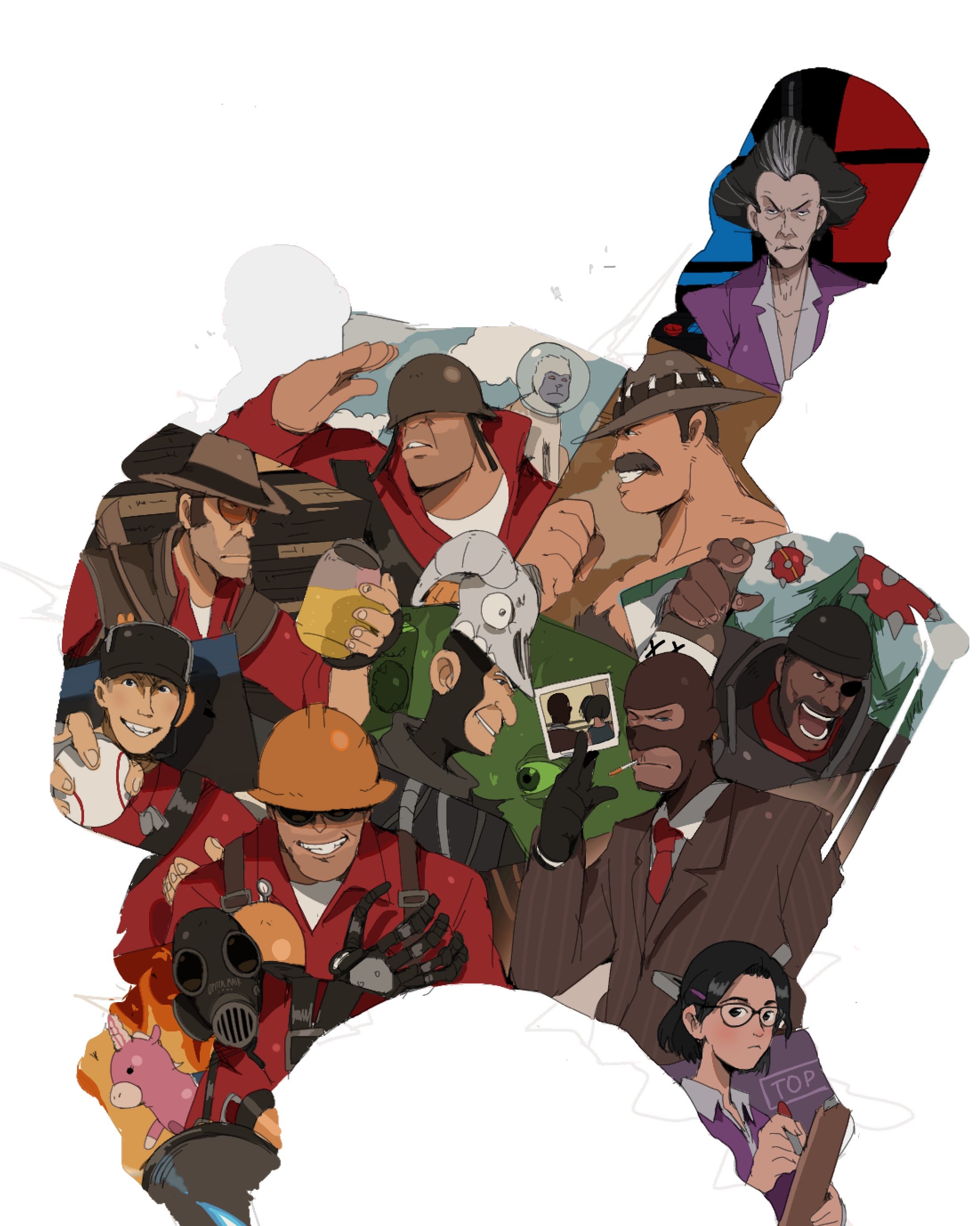 bendedede, demoman (tf2), engineer (tf2), heavy (tf2), medic (tf2), merasmus, miss pauling, pyro (tf2), red demoman (tf2), red engineer (tf2), red heavy (tf2), red medic (tf2), red pyro (tf2), red scout (tf2), red sniper (tf2), red soldier (tf2), red spy (tf2), saxton hale, scout (tf2), sniper (tf2), soldier (tf2), spy (tf2), team fortress 2, absurdres, highres, 2girls, 6+boys, administrator (tf2), ball, baseball (object), battlefield, fire, fishbowl, gatling gun, mask, monkey, multiple boys, multiple girls, photo (object), piss bottle, silhouette, white background, writing