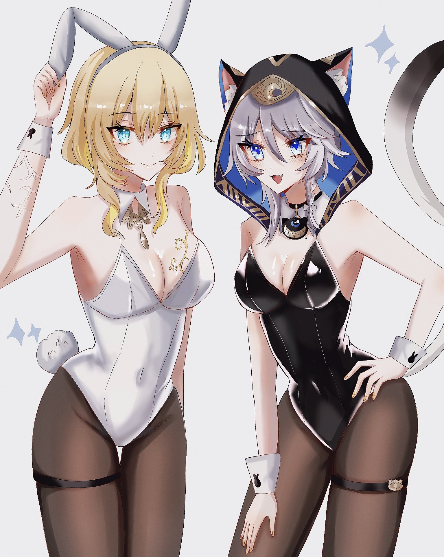 aglaea (honkai: star rail), cipher (honkai: star rail), honkai: star rail, honkai (series), commentary request, highres, 2girls, alternate costume, animal ear fluff, animal ears, animal hood, bare shoulders, black leotard, black pantyhose, blonde hair, blue eyes, breast tattoo, breasts, cat ears, cat girl, cat hood, cat tail, cleavage, fake animal ears, fake tail, gold tattoo, green eyes, hood, large breasts, leotard, medium breasts, mole, mole on breast, multiple girls, nemuii15 oo, pantyhose, playboy bunny, rabbit ears, rabbit tail, short hair with long locks, tail, tattoo, thigh strap, white leotard, wrist cuffs