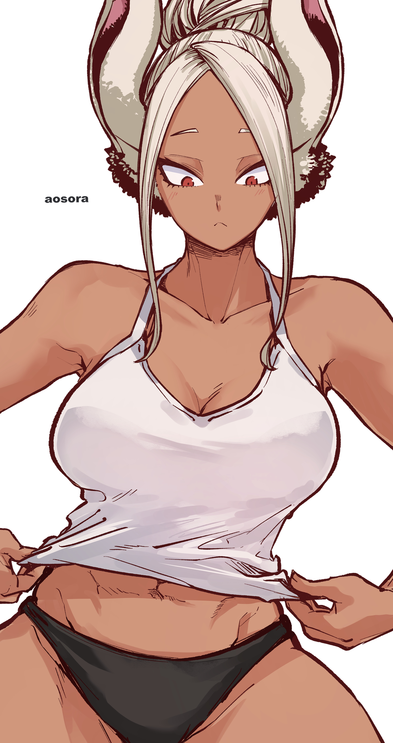 aosora2823, mirko, boku no hero academia, absurdres, commentary request, highres, 1girl, :<, adjusting clothes, animal ears, bare shoulders, black panties, blush, breasts, cleavage, collarbone, dark-skinned female, dark skin, hair bun, large breasts, long eyelashes, long hair, looking down, navel, panties, parted bangs, rabbit ears, rabbit girl, red eyes, single hair bun, solo, tank top, toned, toned female, underwear, white background, white hair, white tank top