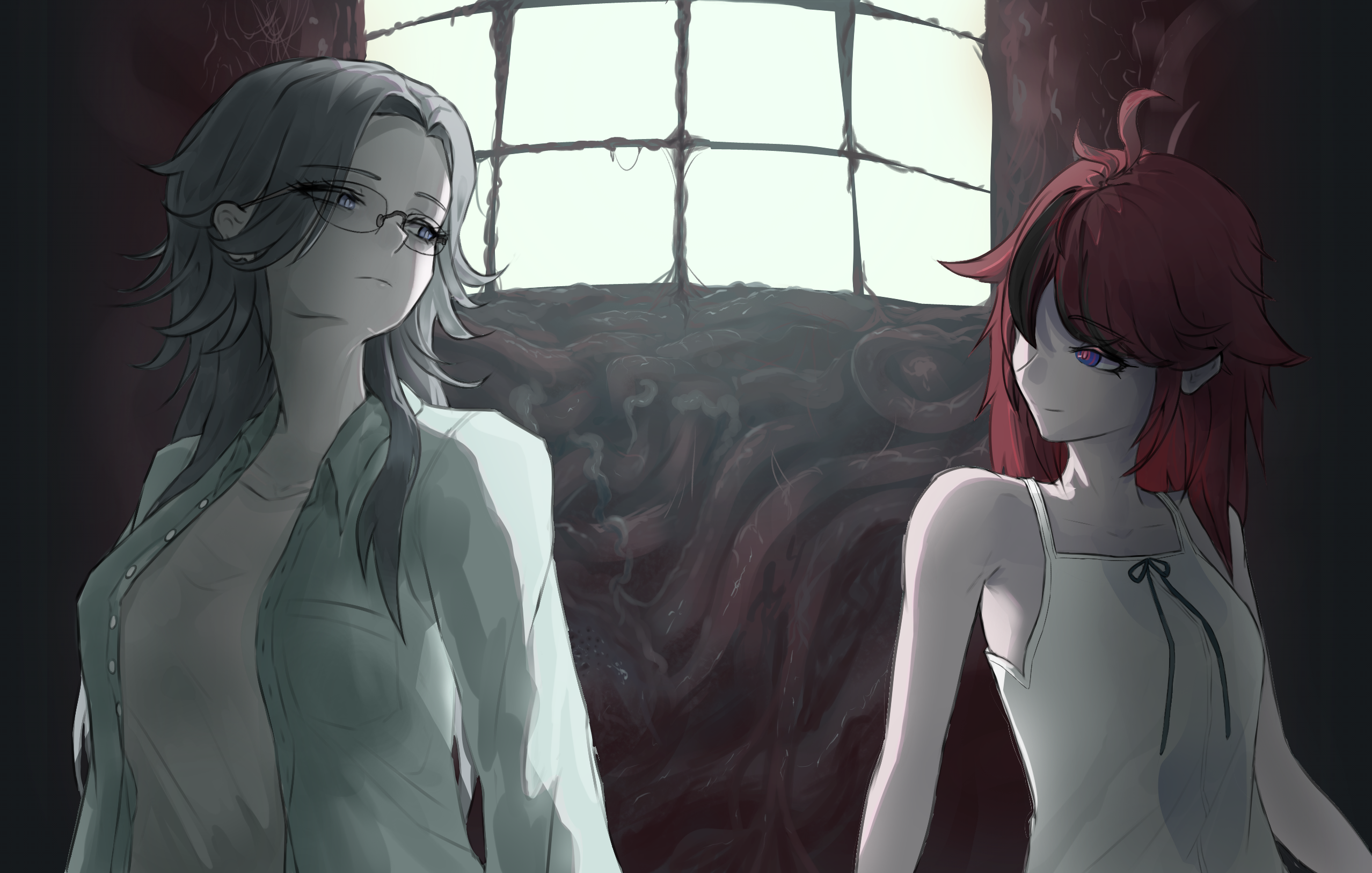 aotsuki eito, sumino takumi, saya no uta, the hundred line -last defense academy-, artist request, highres, non-web source, source request, 2girls, blue eyes, genderswap, genderswap (mtf), glasses, grey hair, intestines, multiple girls, red hair, rivdevy, yuri