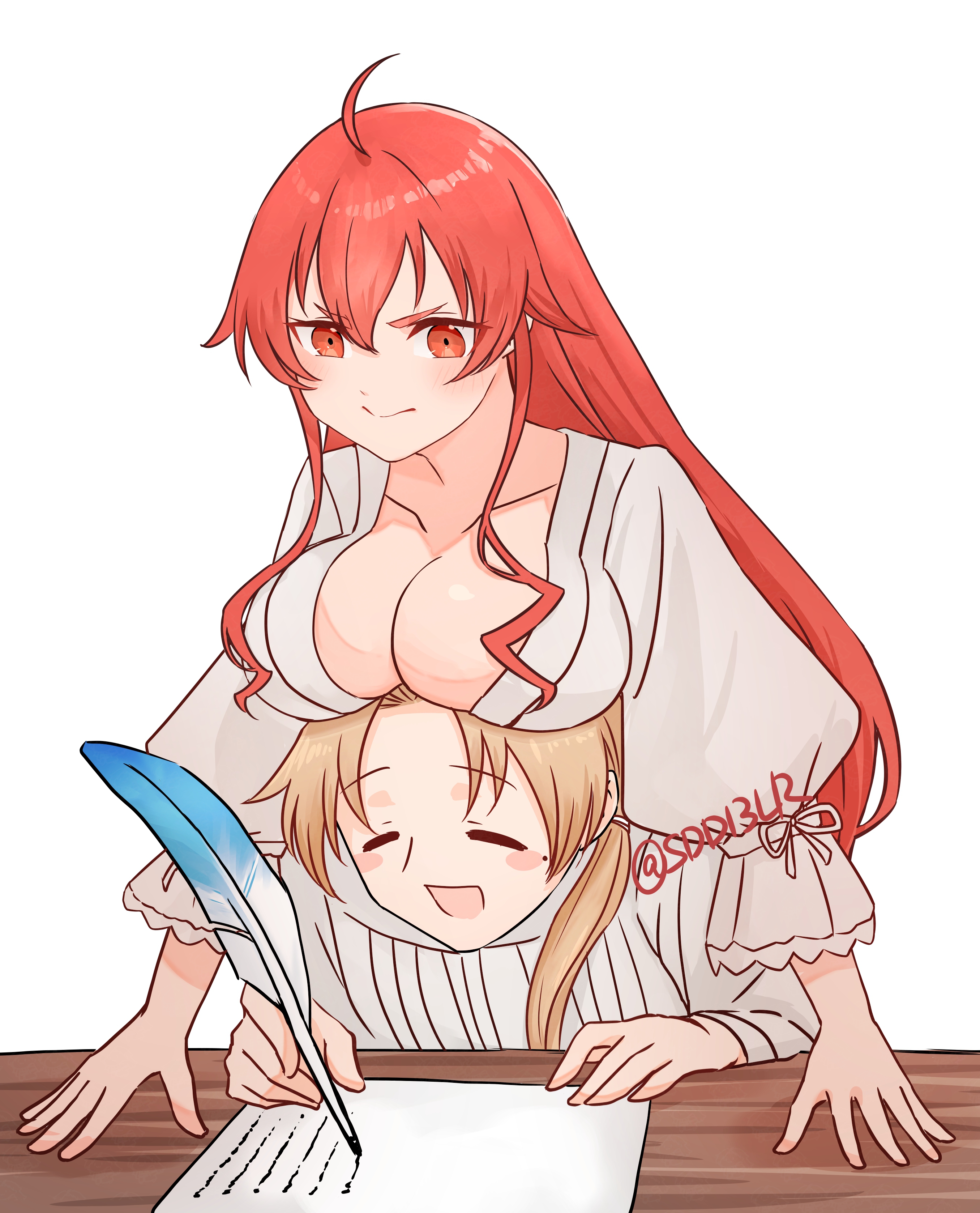 sdd13lr, eris greyrat, rudeus greyrat, mushoku tensei, absurdres, highres, 1boy, 1girl, ahoge, blush stickers, breast rest, breasts, breasts on head, closed eyes, happy, husband and wife, mole, mole under eye, nightgown, ponytail, quill, red eyes, red hair, white nightgown, writing