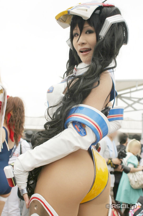 kobayakawa saiko (model), mine blue, private material romantis, photo (medium), ass, backpack, bag, bodysuit, boots, cosplay, elbow gloves, gloves, helmet, jetpack, motorcycle parts, randoseru, thigh boots, thighhighs, twintails