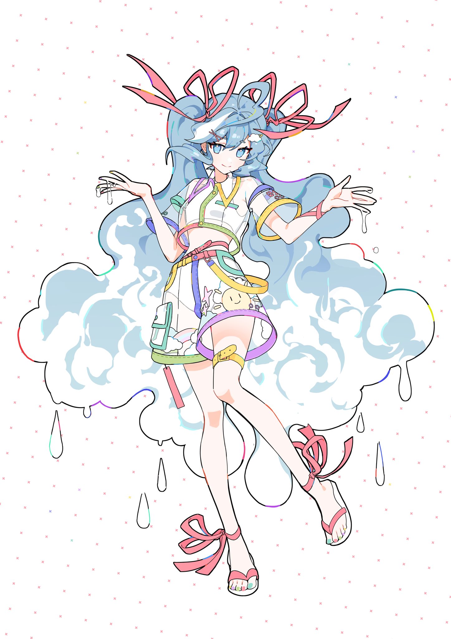flat fish990, hatsune miku, yuki miku, vocaloid, highres, 1girl, belt, blue eyes, blue hair, full body, gradient hair, hair ribbon, hands up, jacket, knees together feet apart, leg ribbon, liquid hair, long hair, looking at viewer, multicolored hair, pink ribbon, polka dot, ribbon, sandals, see-through clothes, see-through jacket, short sleeves, shorts, smile, solo, thigh strap, toenails, twintails, very long hair