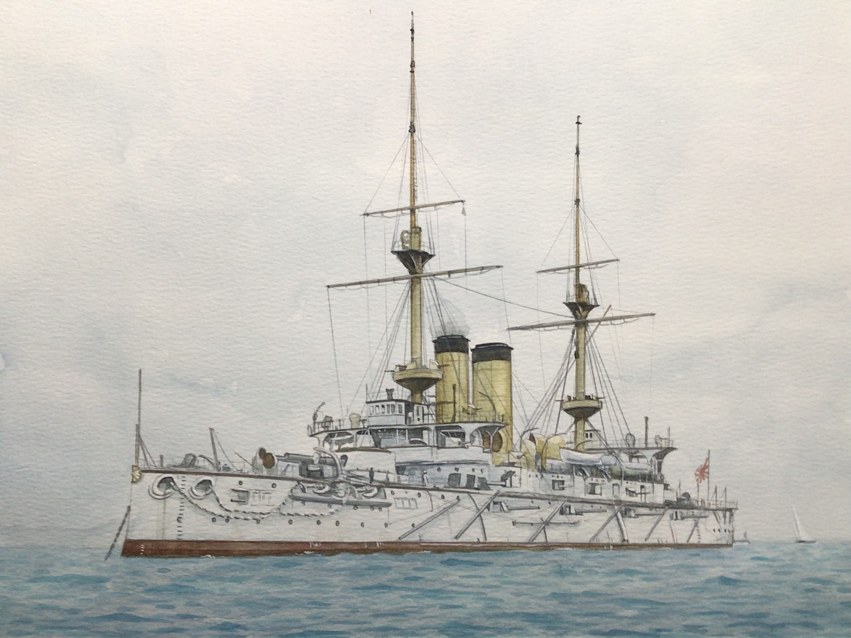 atelier bono, original, commentary request, highres, painting (medium), traditional media, watercolor (medium), asahi (battleship), battleship, cannon, casemate, cloud, cloudy sky, flag, imperial japanese navy, mast, military, military vehicle, no humans, ocean, rising sun flag, ship, ship turret, sky, smokestack, sunburst, vehicle focus, warship, watercraft, waves
