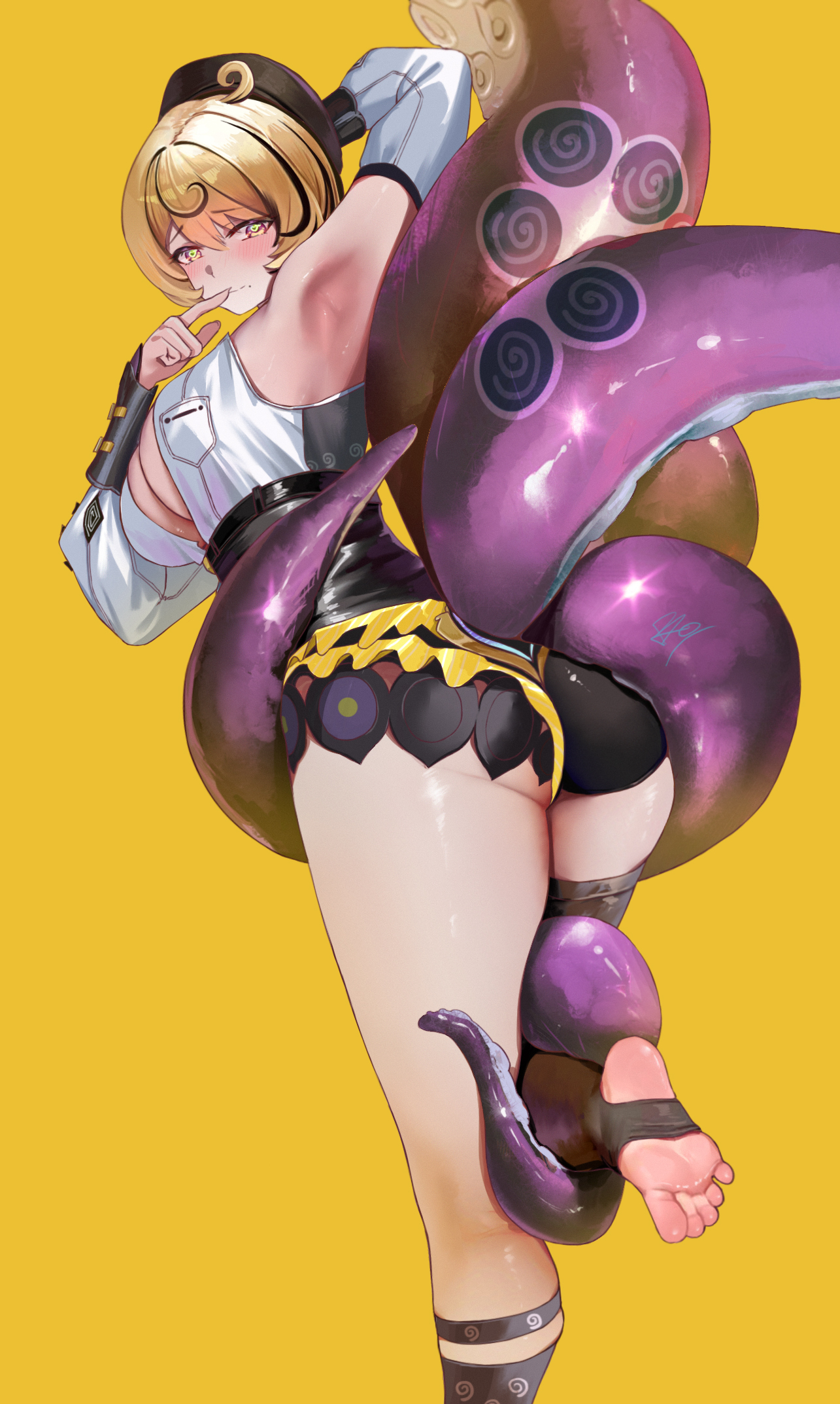 bao (pixiv 99415611), yidhari (zenless zone zero), zenless zone zero, highres, 1girl, armpits, ass, bare shoulders, barefoot, blonde hair, blush, breasts, cleavage cutout, closed mouth, clothing cutout, feet, green pupils, hat, large breasts, legs, looking at viewer, purple eyes, short hair, signature, spiral, sticker, tentacles, thigh strap, thighs, yellow background