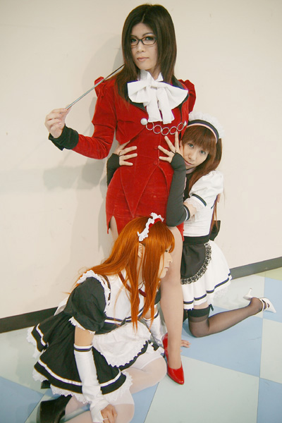 genta mako (model), hoshino mayu, izumi kokoa (model), kanazuki mai, kobayakawa saiko (model), mizutani risa, g-taste, photo (medium), apron, cosplay, elbow gloves, glasses, gloves, maid, maid apron, thighhighs