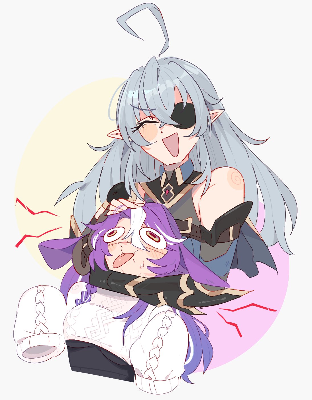 unfamousradish, general geega, general geega (1st costume), michi mochievee, michi mochievee (bunny), indie virtual youtuber, commentary, english commentary, highres, second-party source, 2girls, ahoge, animal ears, blush, breasts, closed eyes, cropped sweater, eyepatch, gauntlets, grey hair, headpat, long hair, medium breasts, multicolored hair, multiple girls, pointy ears, purple hair, rabbit ears, single bare shoulder, single gauntlet, sleeves past wrists, strangling, streaked hair, sweater, virtual youtuber, white hair, white sweater