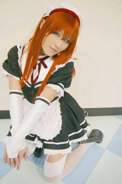 kobayakawa saiko (model), mizutani risa, g-taste, photo (medium), apron, cosplay, elbow gloves, gloves, maid, maid apron, red hair, thighhighs