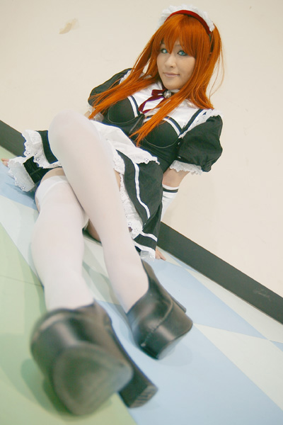 kobayakawa saiko (model), mizutani risa, g-taste, photo (medium), apron, cosplay, elbow gloves, gloves, maid, maid apron, red hair, thighhighs