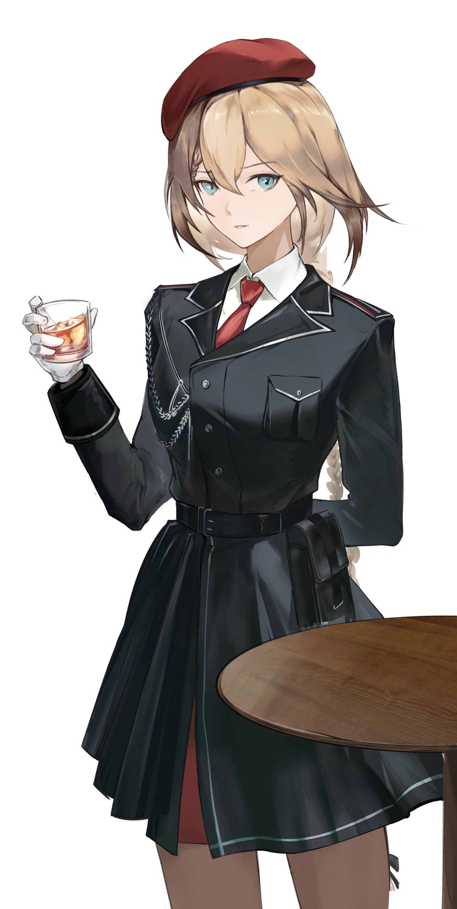 shenme niao mingzi, centaureissi (neural cloud), g36 (girls' frontline), girls' frontline, girls' frontline neural cloud, absurdres, highres, 1girl, arm behind back, belt, beret, black belt, black coat, blonde hair, blue eyes, braid, braided ponytail, breasts, coat, collared shirt, cup, gloves, hair between eyes, hand up, hat, holding, holding cup, light smile, long hair, looking at viewer, medium breasts, necktie, red necktie, shirt, simple background, solo, standing, very long hair, white background, white gloves, white shirt