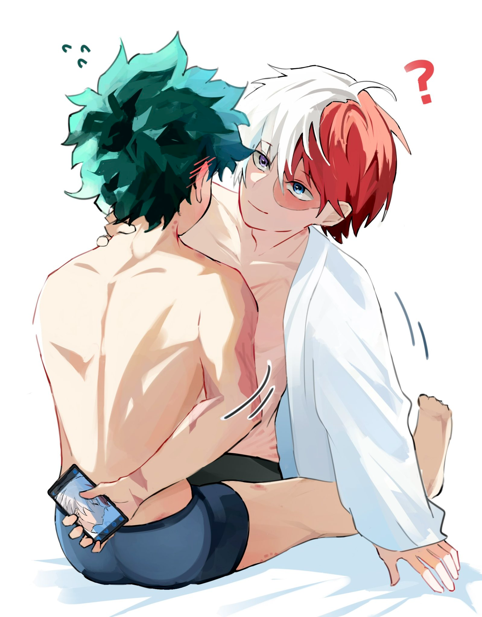 midoriya izuku, todoroki shoto, boku no hero academia, shirt only, ?, abs, back, bare back, bed, bite mark, blush, burn scar, cellphone photo, cellphoneass, embarrassed, feet, green hair, legs, multicolored hair, on bed, pectorals, red hair, scar, scar on arm, scratches, short hair, sitting, smile, tododeku, toned, two-tone hair, underwear, underwear only, white hair, xtdk8zu, yaoi