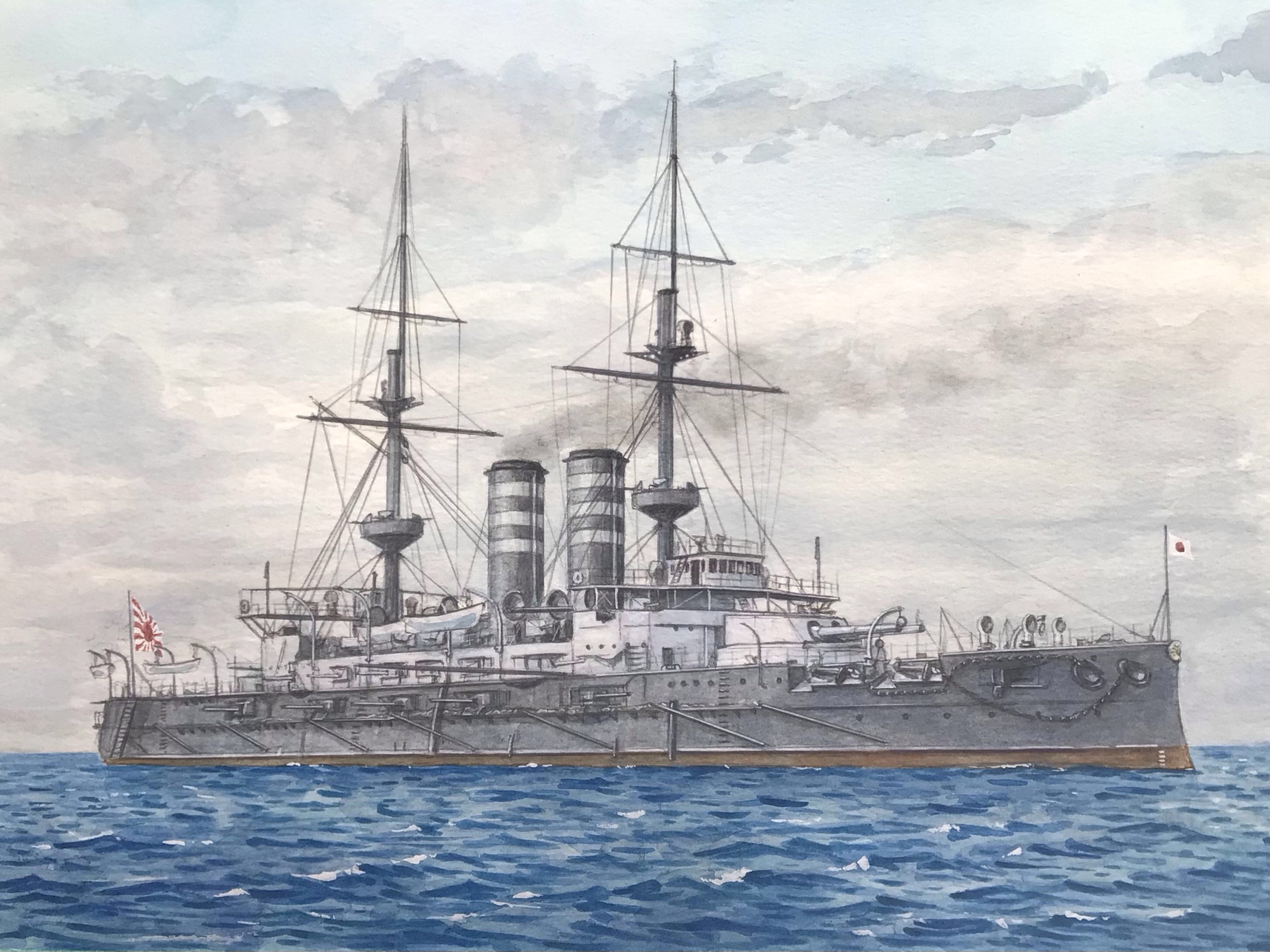 atelier bono, mikasa (battleship), original, commentary request, highres, painting (medium), traditional media, watercolor (medium), battleship, blue sky, cannon, casemate, cloud, flag, imperial japanese navy, japanese flag, mast, military, military vehicle, no humans, ocean, rising sun flag, ship, ship turret, sky, smoke, smokestack, sunburst, vehicle focus, warship, watercraft, waves