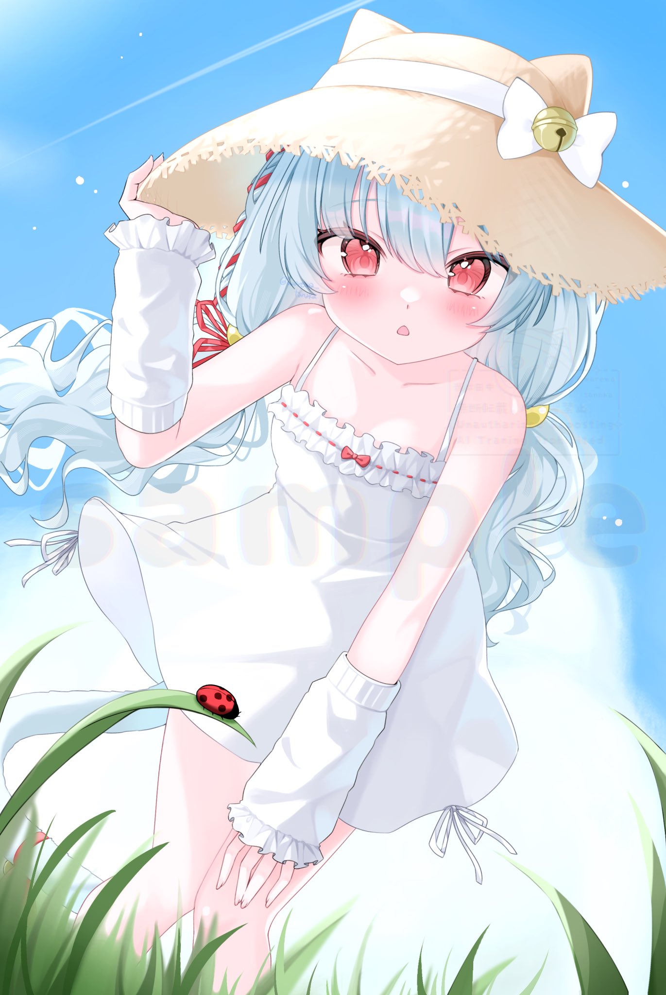 original, highres, 1girl, animal ears, blue hair, blush, bug, cat ears, cat girl, cat tail, dress, hand on headwear, hat, insect, ladybug, long hair, looking at viewer, low twintails, open mouth, outdoors, red eyes, solo, straw hat, sundress, tail, twintails, warewa tanaka, white dress