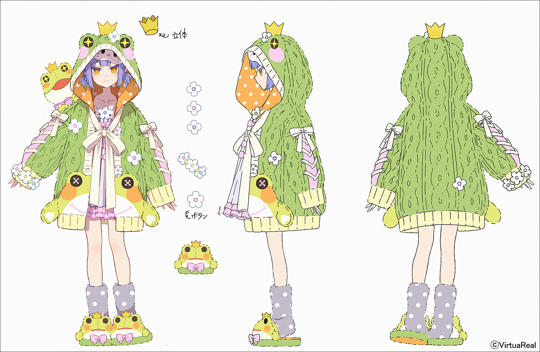 hakusai (tiahszld), azusa (vtuber), nijisanji, virtuareal, commentary request, highres, translation request, 1girl, animal hood, animal slippers, arrow (symbol), brown eyes, closed mouth, collarbone, crown, dress, frilled dress, frills, frog hood, green jacket, green sleeves, grey background, grey socks, hood, hood up, hooded jacket, jacket, long sleeves, mini crown, multiple views, polka dot, polka dot socks, puffy long sleeves, puffy sleeves, purple hair, short twintails, simple background, sleeves past wrists, slippers, smile, socks, twintails, virtual youtuber, white dress