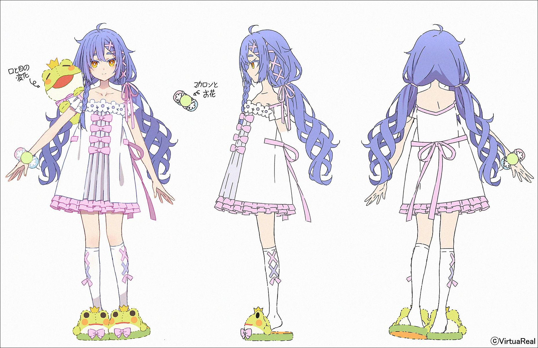 hakusai (tiahszld), azusa (vtuber), nijisanji, virtuareal, highres, translation request, 1girl, animal slippers, arrow (symbol), bare shoulders, closed mouth, dress, frilled dress, frills, green slippers, grey background, hair ornament, hair ribbon, long hair, low twintails, multiple views, off-shoulder dress, off shoulder, orange eyes, pink ribbon, purple hair, ribbon, short eyebrows, simple background, slippers, smile, socks, thick eyebrows, twintails, very long hair, virtual youtuber, white dress, white socks, x hair ornament
