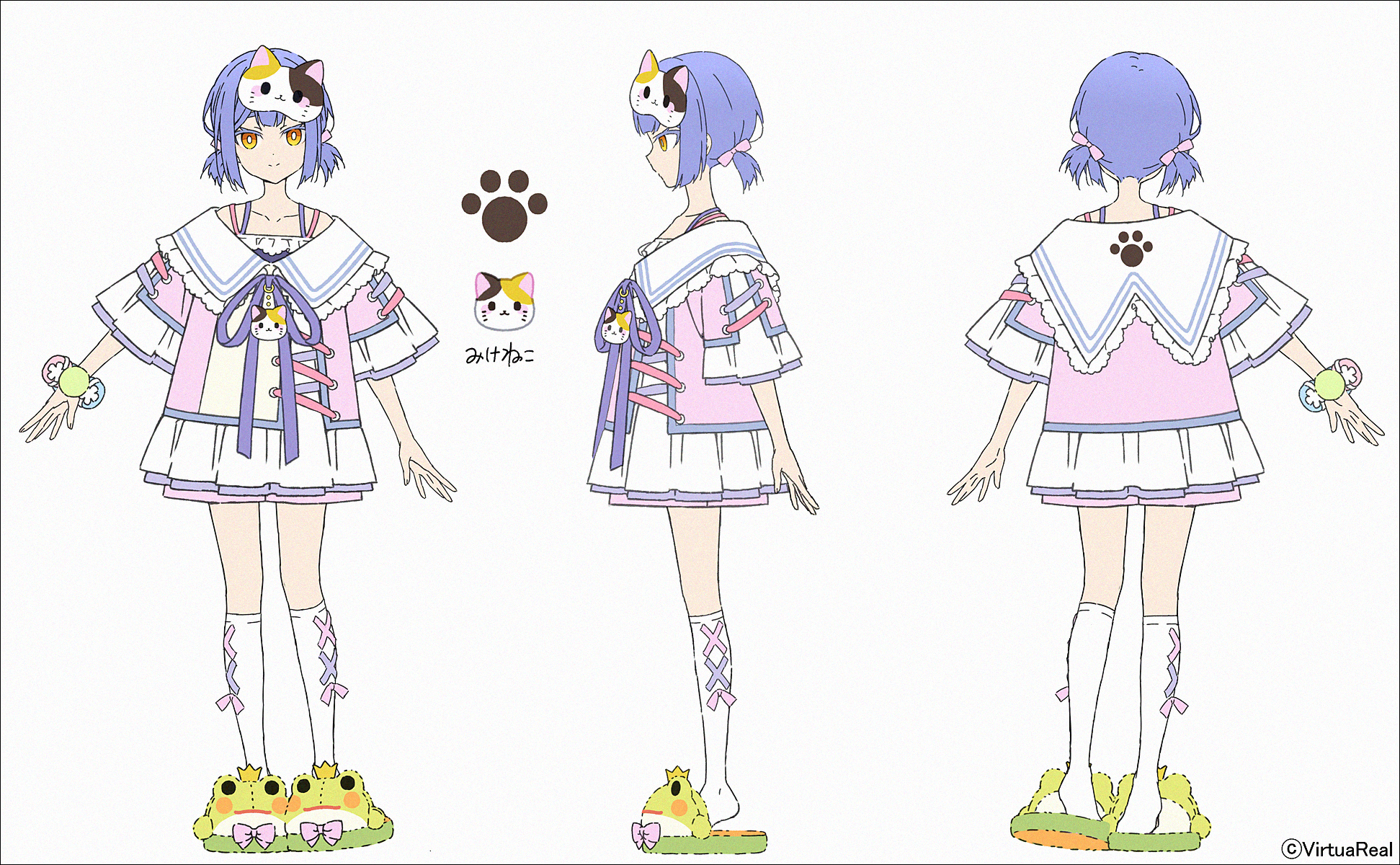 hakusai (tiahszld), azusa (vtuber), nijisanji, virtuareal, highres, 1girl, animal slippers, bow, cat mask, closed mouth, collarbone, dress, green slippers, grey background, hair bow, long sleeves, mask, mask on head, multiple views, orange eyes, pink bow, pink dress, purple hair, short twintails, simple background, slippers, smile, socks, twintails, virtual youtuber, white socks, wide sleeves