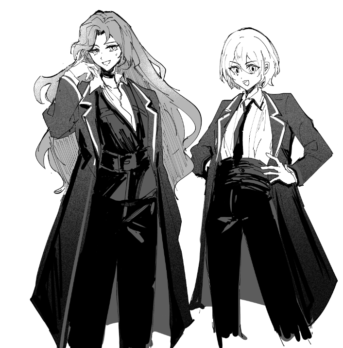 sixgod, don quixote (project moon), rodion (project moon), limbus company, project moon, 2girls, black coat, black vest, coat, collared shirt, hands on own hips, looking at viewer, monochrome, multiple girls, necktie, open mouth, parted bangs, shirt, simple background, standing, upper body, vest, white background, white shirt