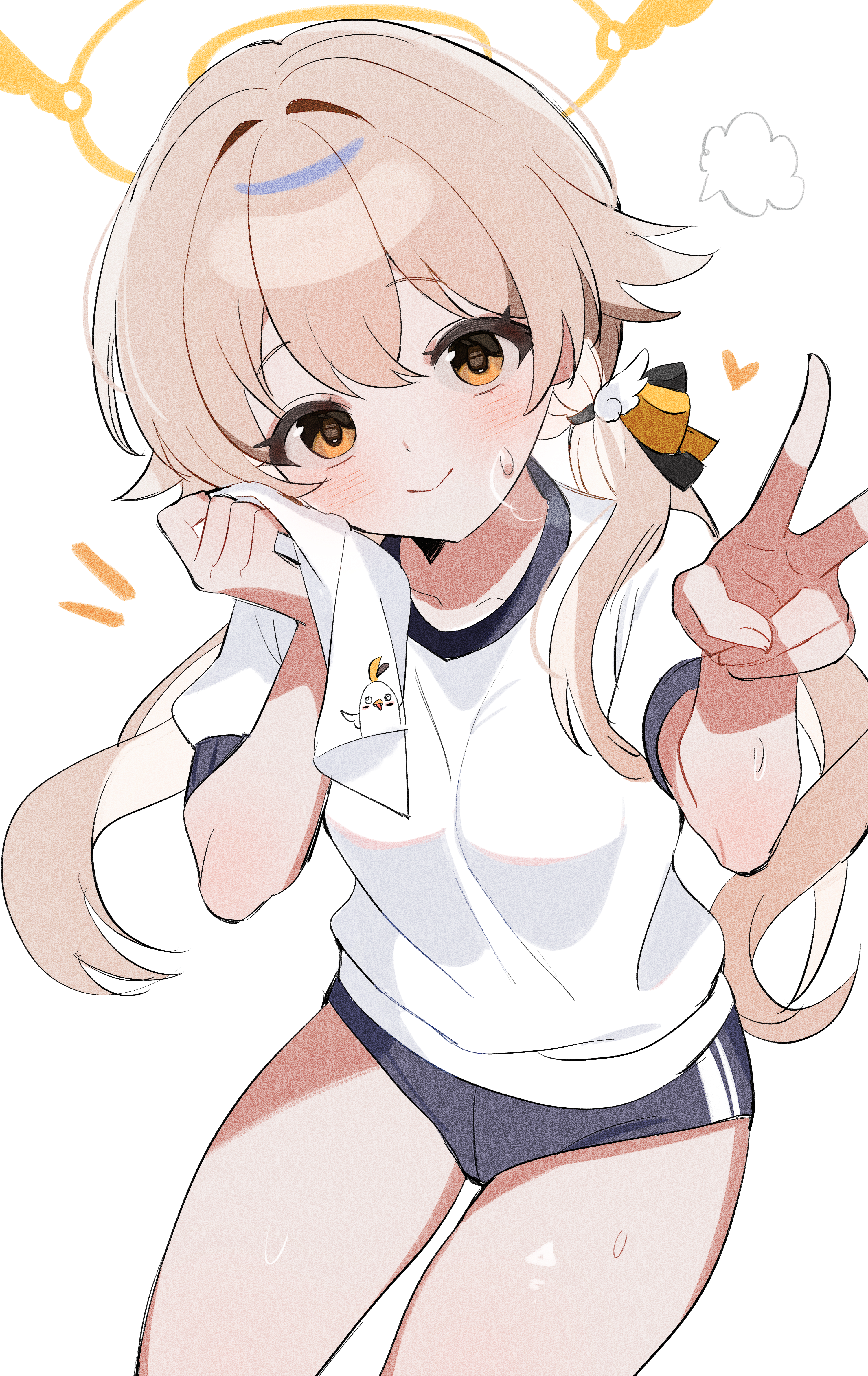shusuchii, hifumi (blue archive), blue archive, absurdres, commentary, highres, revision, symbol-only commentary, 1girl, :>, alternate costume, blonde hair, blue buruma, brown eyes, buruma, closed mouth, gym uniform, hair between eyes, halo, hands up, holding, long hair, looking at viewer, low twintails, multicolored hair, shirt, short sleeves, simple background, smile, solo, twintails, v, white background, white shirt, wiping sweat