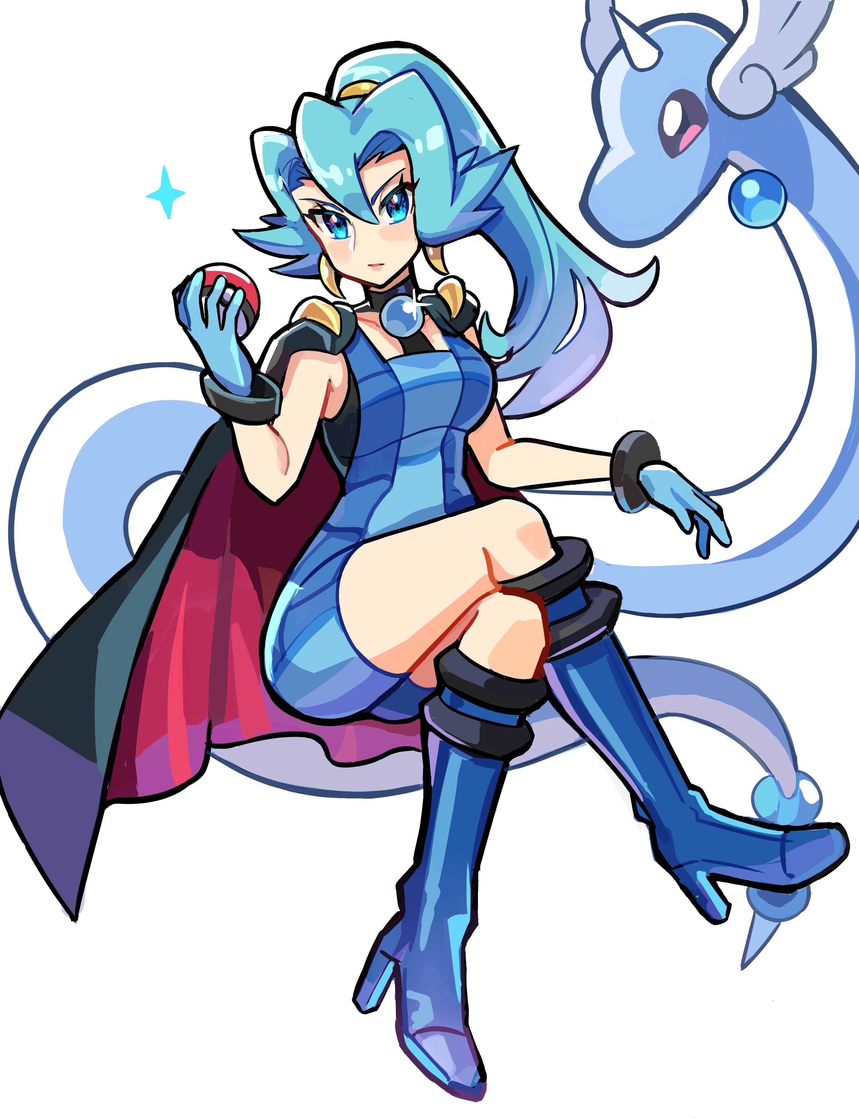 spyg, clair (pokemon), dragonair, nintendo, pokemon, pokemon hgss, absurdres, highres, 1girl, black cape, blue bodysuit, blue boots, blue eyes, blue gloves, blue hair, blush, bodysuit, boots, breasts, cape, closed mouth, crossed legs, earrings, gen 1 pokemon, gloves, hair between eyes, high heel boots, high heels, jewelry, knee boots, long hair, looking at viewer, medium breasts, pokemon (creature), ponytail, red cape, simple background, star (symbol), tooth earrings, unitard, white background