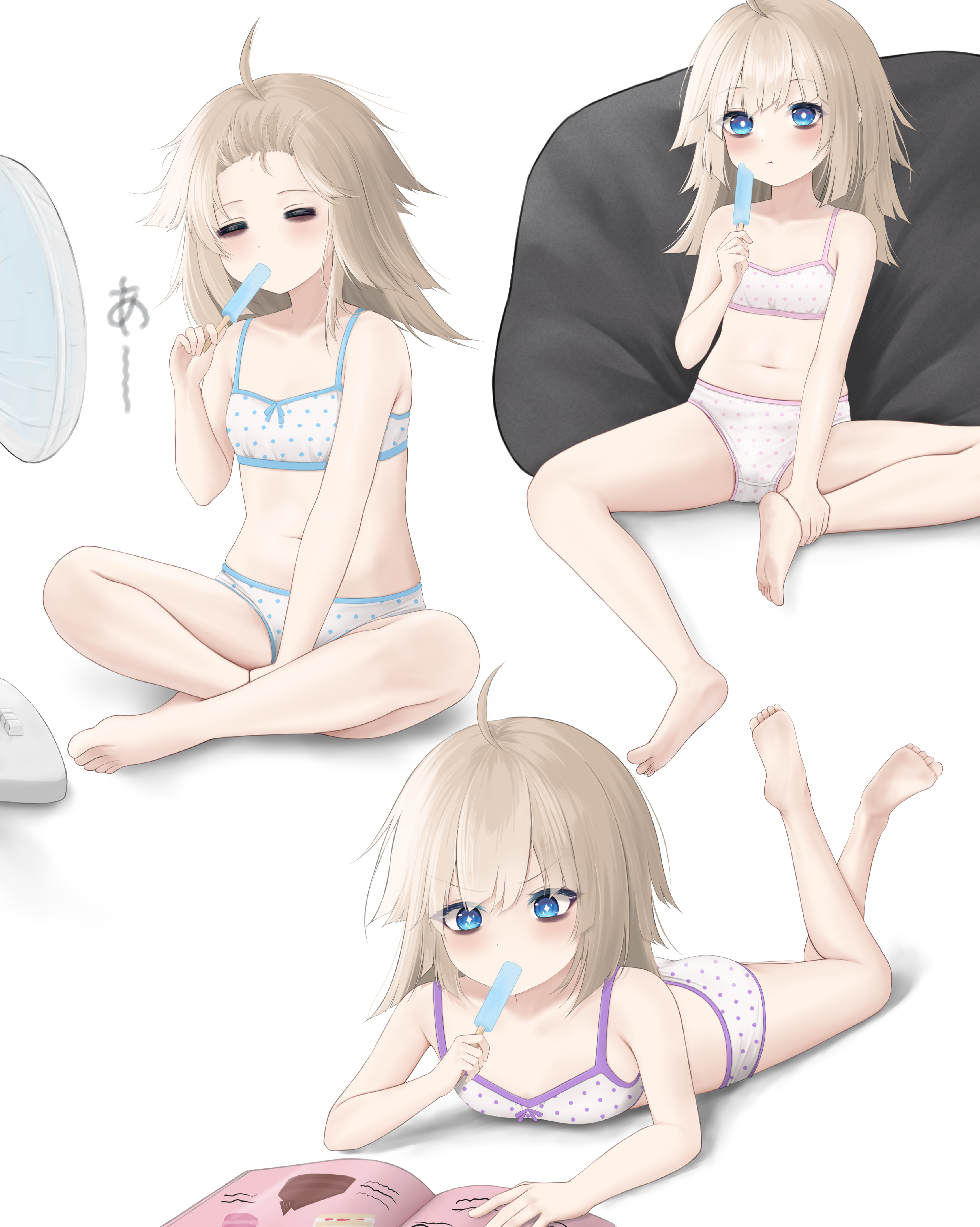 codename696, aa-12 (girls' frontline), girls' frontline, absurdres, commentary request, highres, + +, 1girl, = =, bags under eyes, blonde hair, blue eyes, blush, bra, breasts, concentrating, food, food in mouth, full body, hair between eyes, holding, holding food, holding popsicle, long hair, lying, messy hair, multiple views, navel, on stomach, panties, polka dot, polka dot bra, polka dot panties, popsicle, popsicle in mouth, reading, sitting, small breasts, solo, stomach, underwear, underwear only