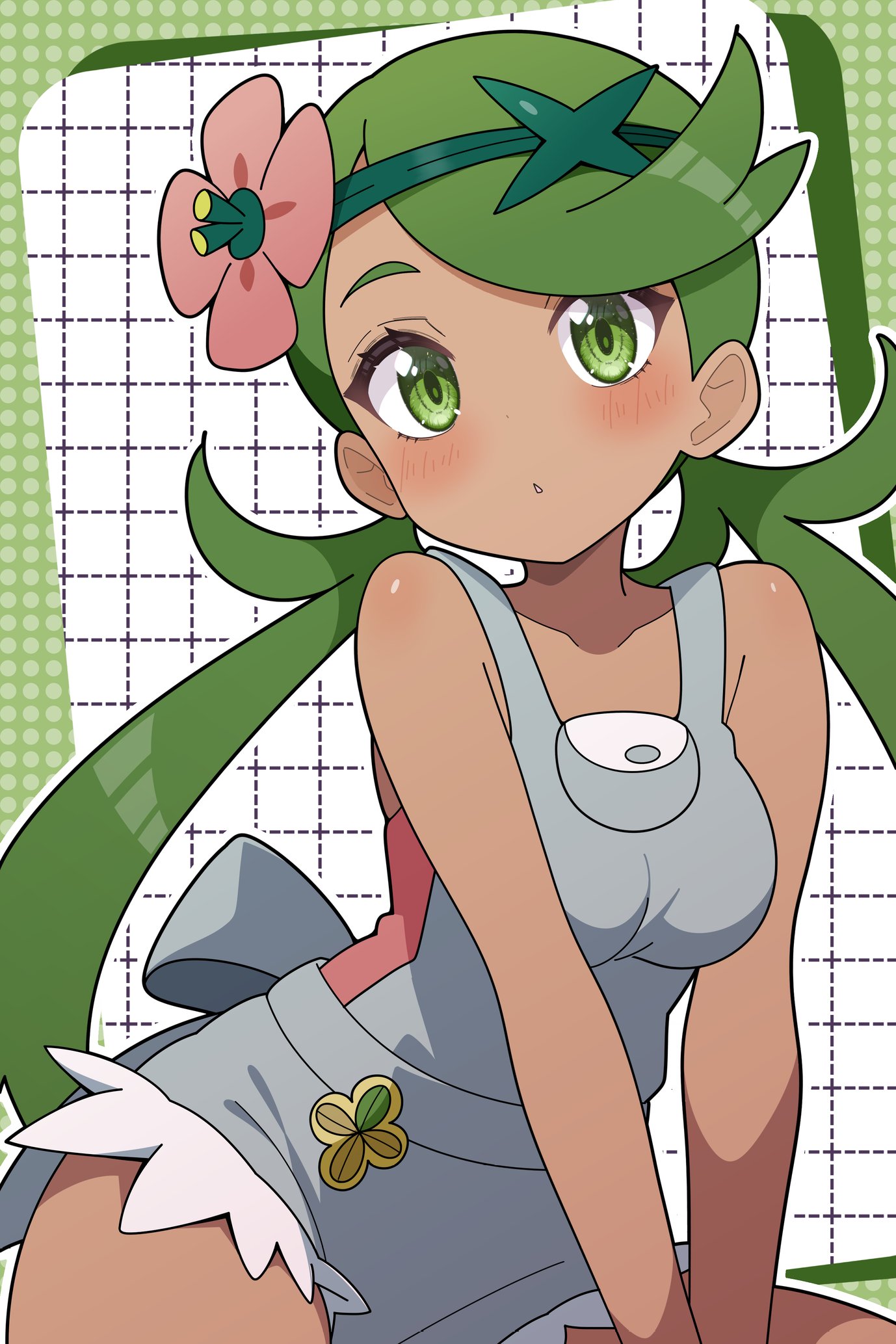 odorukaminoke, mallow (pokemon), nintendo, pokemon, pokemon sm, highres, 1girl, bare shoulders, blush, breasts, dark-skinned female, dark skin, flower, green eyes, green hair, green headband, grey overalls, hair flower, hair ornament, headband, long hair, looking at viewer, medium breasts, overall shorts, overalls, parted lips, pink flower, solo, twintails
