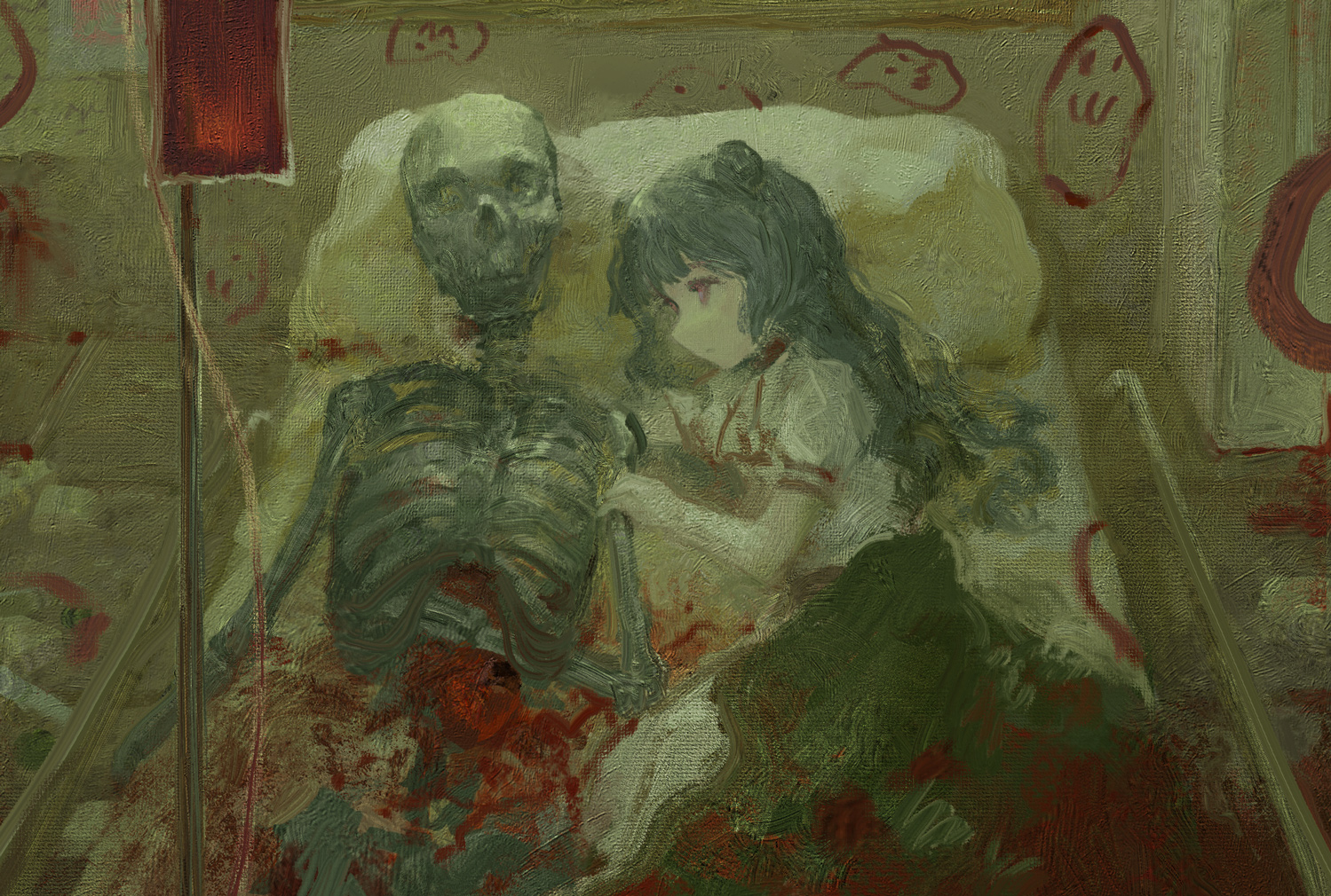 chunkyeggy, original, 1girl, 1other, :3, ambiguous gender, animal ears, bear ears, bed, blood, blood bag, dropper, hospital, hospital bed, indoors, long hair, looking at another, on bed, pillow, pink eyes, skeleton, wavy hair