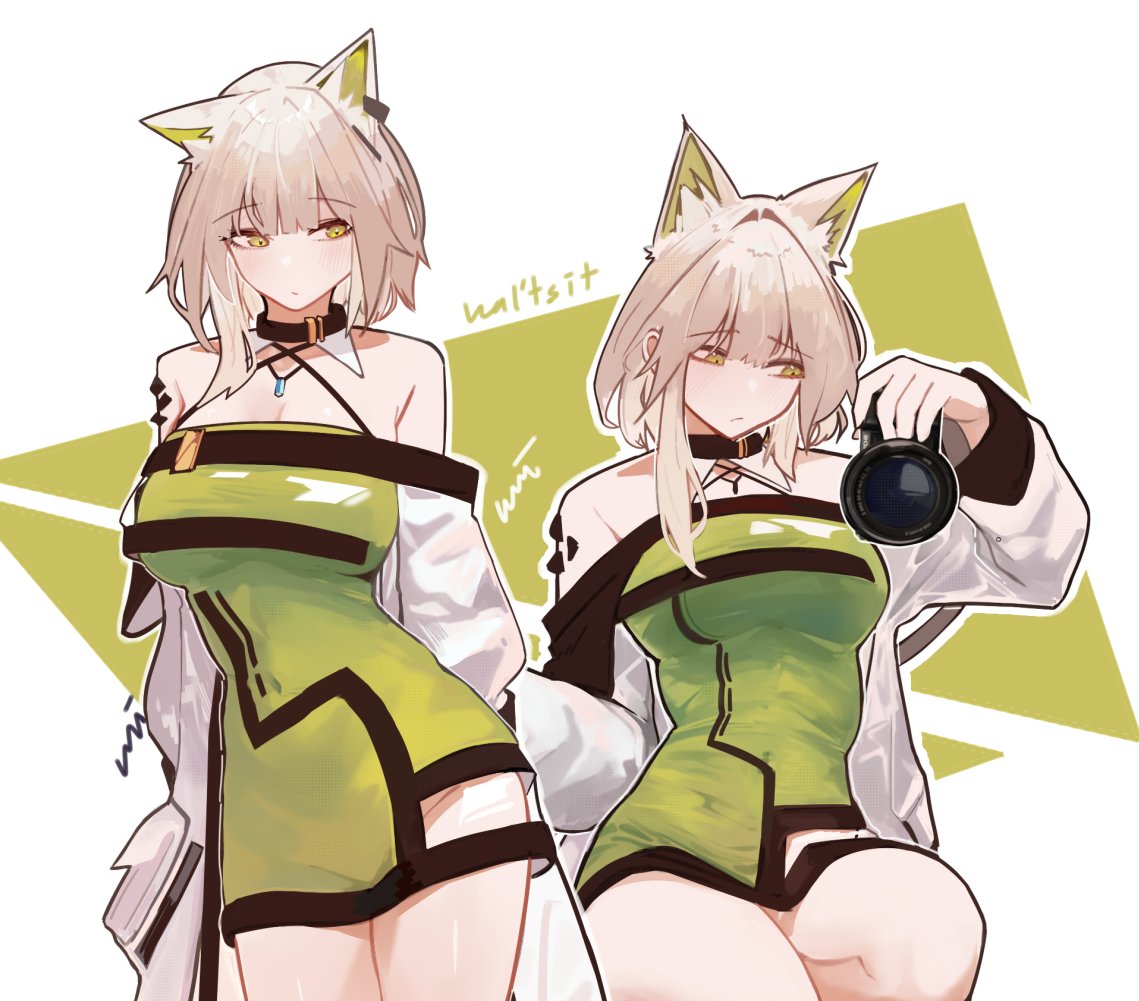 nuggetkouhai, kal'tsit (arknights), arknights, 1girl, alternate breast size (larger), animal ear fluff, animal ears, arm behind back, arms behind back, bare shoulders, breasts, camera, cat ears, cat girl, character name, cleavage, closed mouth, cowboy shot, criss-cross halter, detached collar, double-parted bangs, dress, facing viewer, green background, green dress, green eyes, groin, hair intakes, halter dress, halterneck, holding, holding camera, jacket, large breasts, long sleeves, looking at object, material growth, medium hair, multiple views, off-shoulder dress, off shoulder, oripathy lesion (arknights), sitting, solo, thighs, two-tone background, white background, white hair