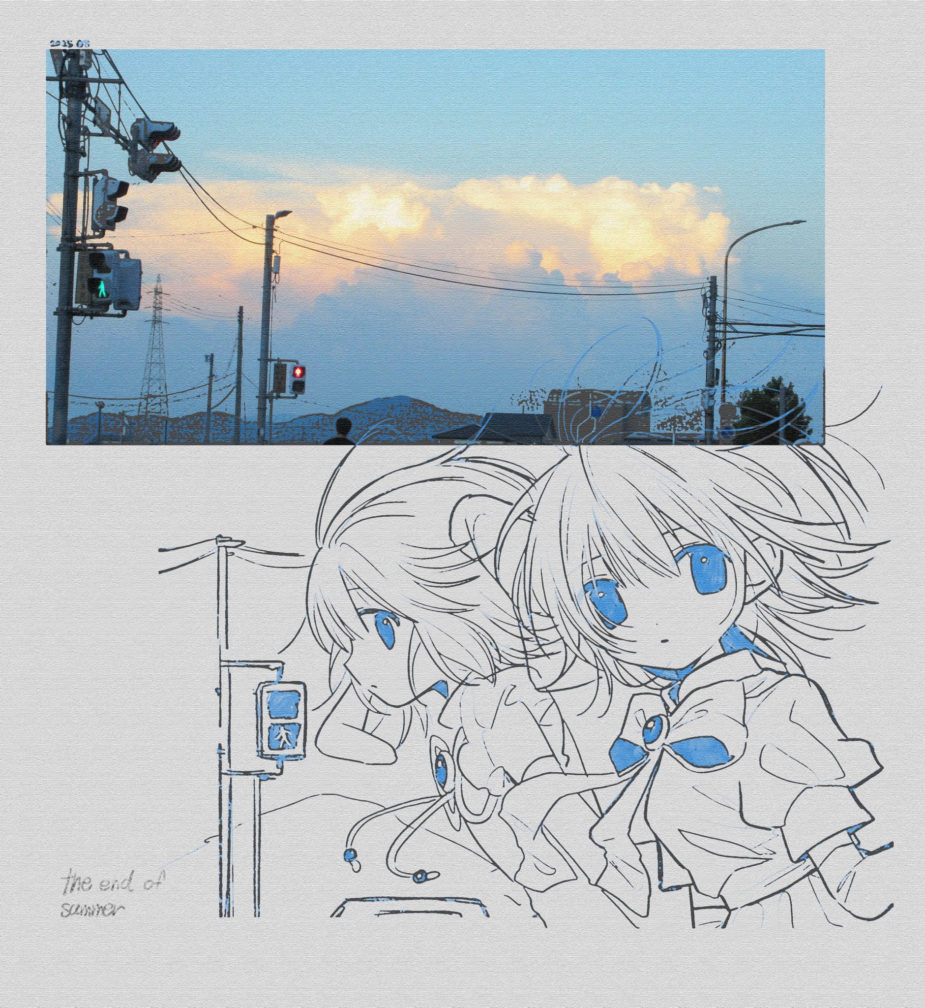 pepeppepe101, original, highres, 2girls, blue eyes, bow, bowtie, cloud, english text, lamppost, looking at viewer, medium hair, multiple girls, outdoors, photo inset, power lines, puffy short sleeves, puffy sleeves, short sleeves, spot color, traffic light, upper body, utility pole
